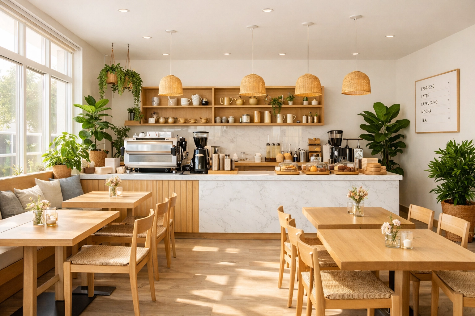Modern coffee shop interior with oak furniture and marble counter showing artisanal café branding.