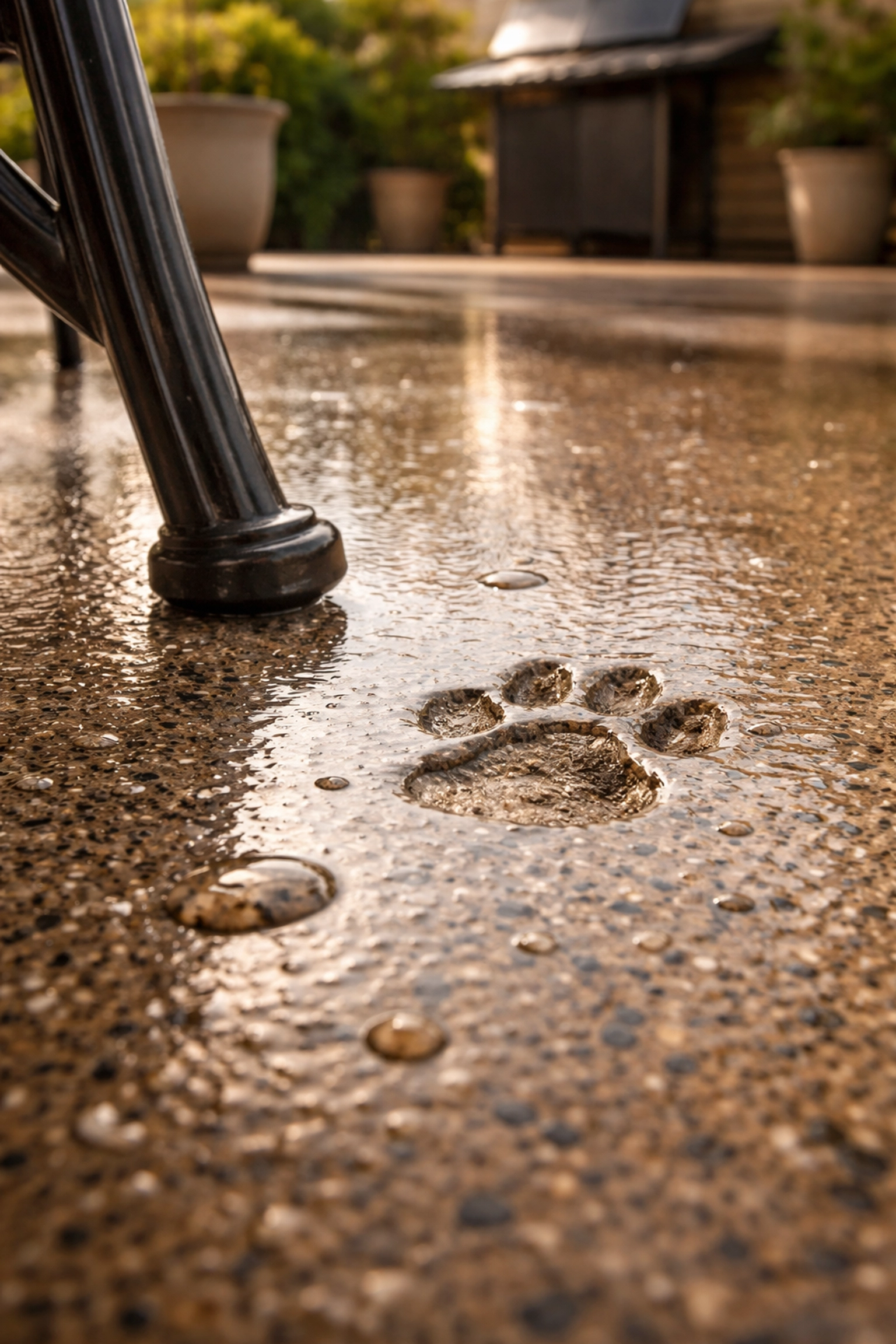 Close-up of patio coating's durability under patio chair and dog paw prints, emphasizing resilience and low maintenance.