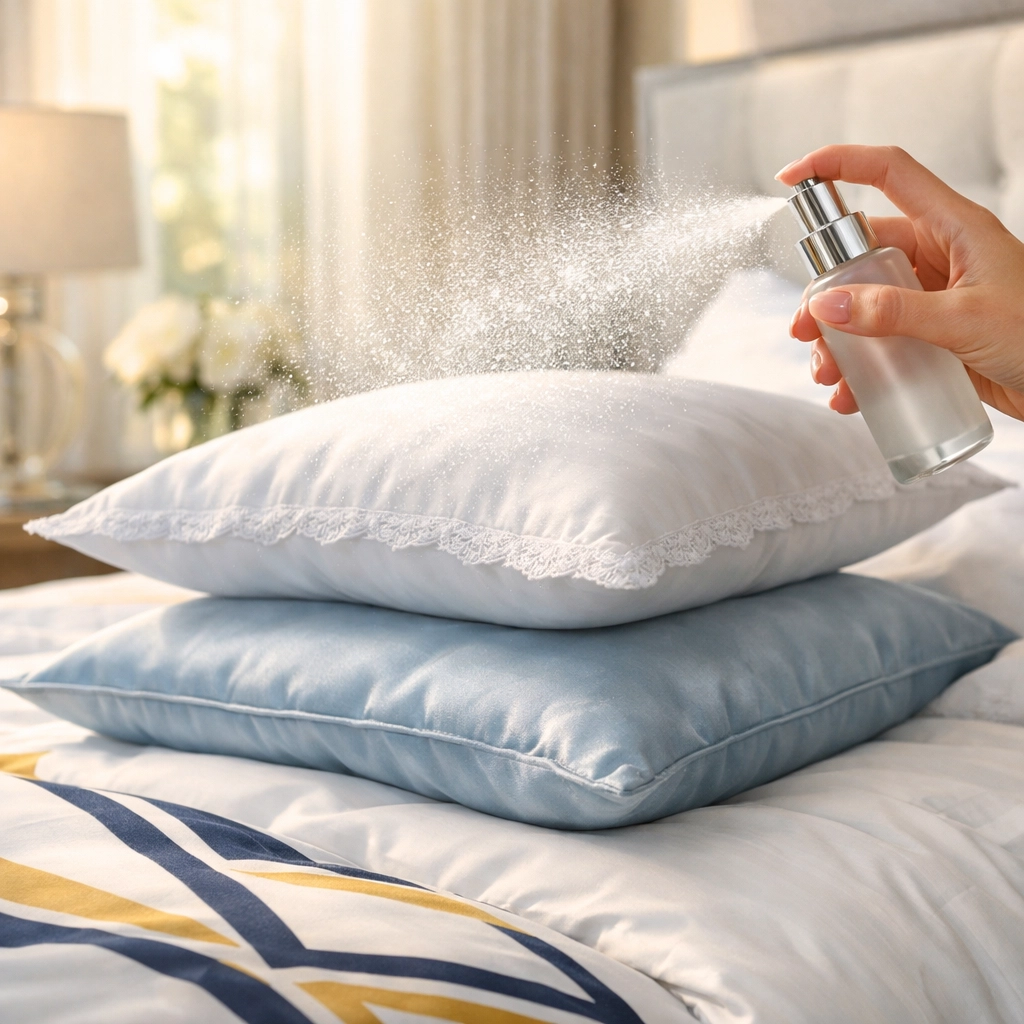 Refreshing bed pillows with a natural essential oil mattress mist for better sleep.