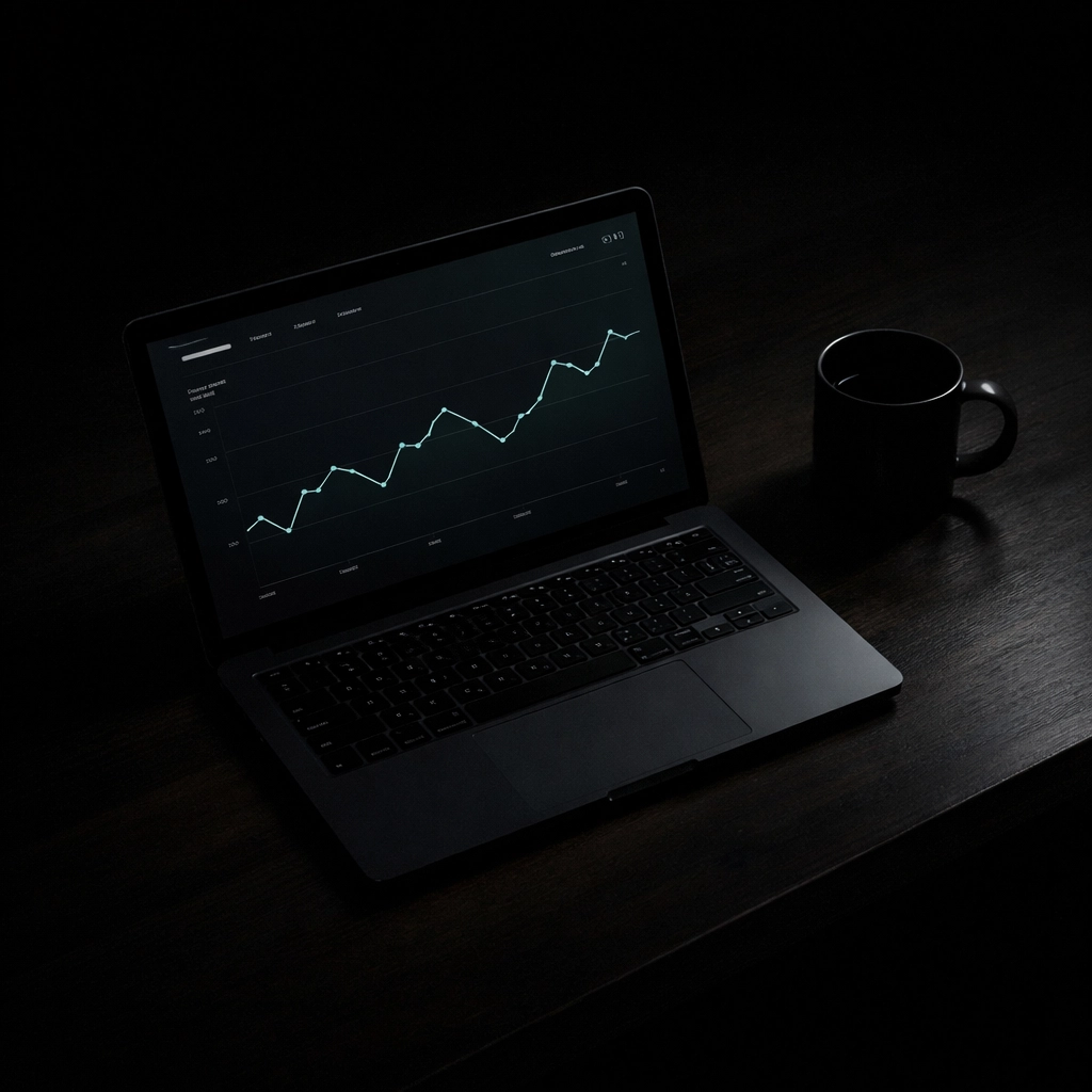 Founder workspace at night with a laptop displaying a growth chart for scaling outbound sales efficiently.
