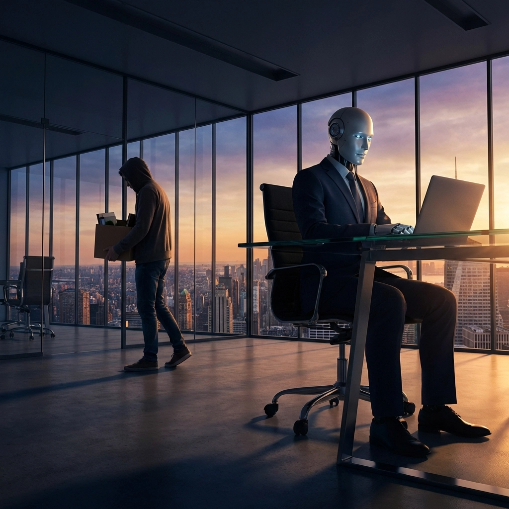 A humanoid robot working at a corporate desk while a laid-off human carries a box, illustrating AI-driven job cuts and automation.