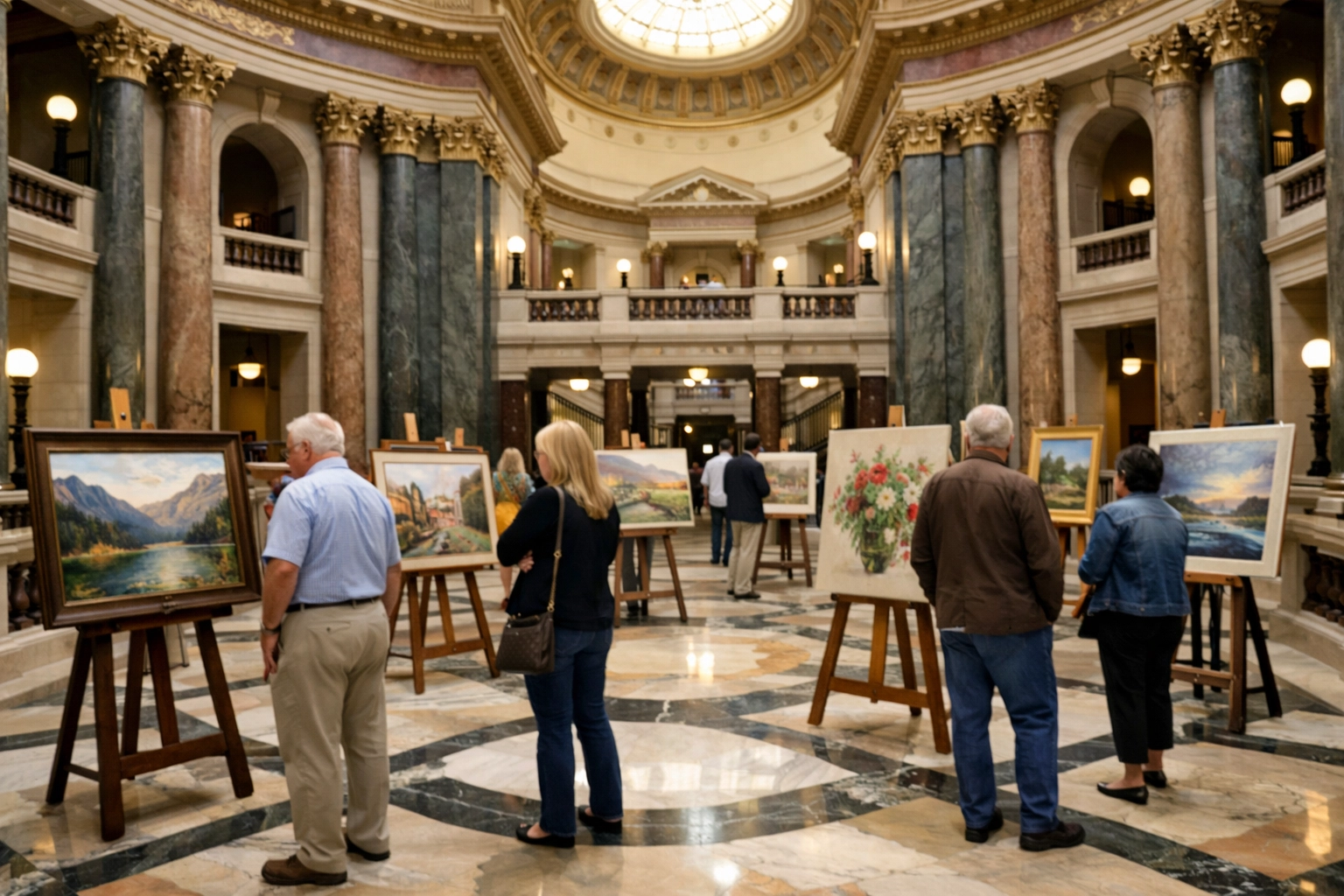 Art displays set up inside a grand rotunda
