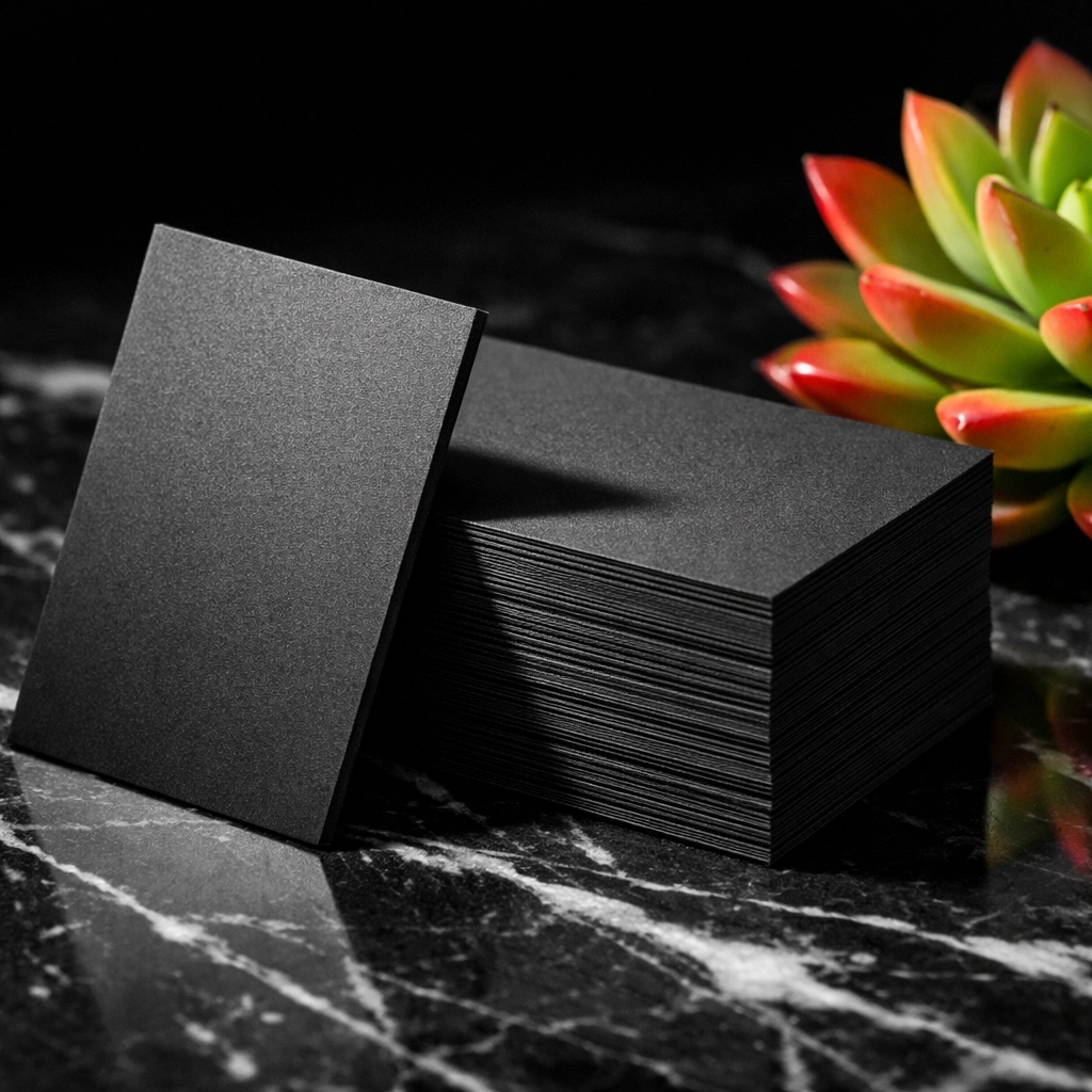 Stack of premium matte-black business cards on a marble surface for professional DFW networking.