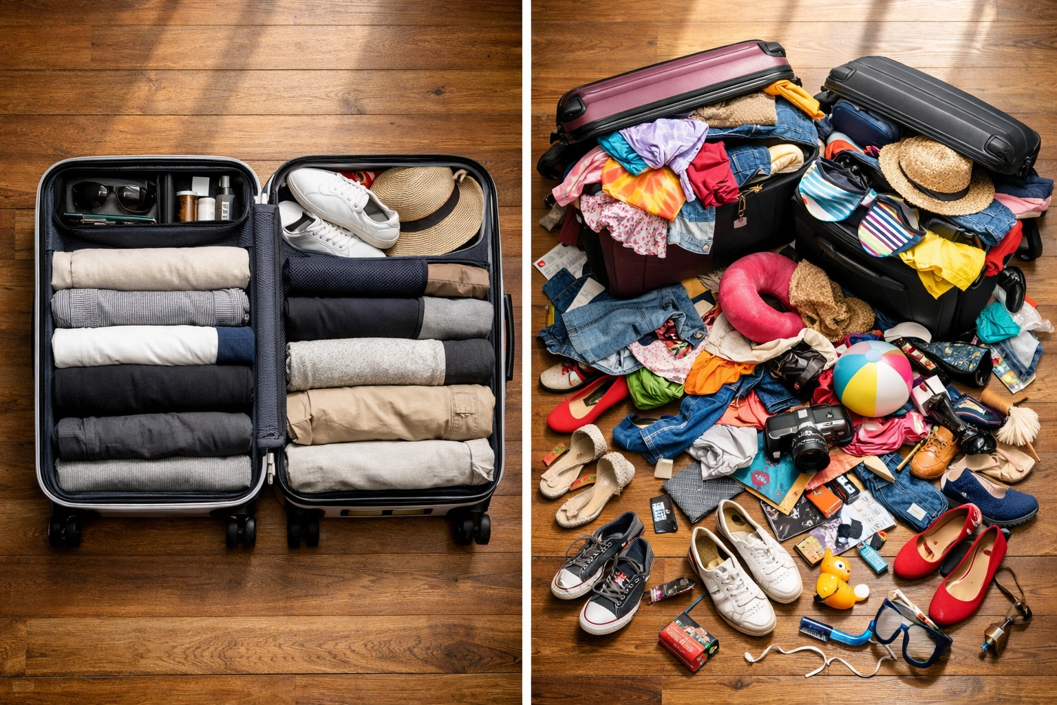 Organized carry-on luggage versus overpacked suitcases comparing minimalist and excessive packing styles