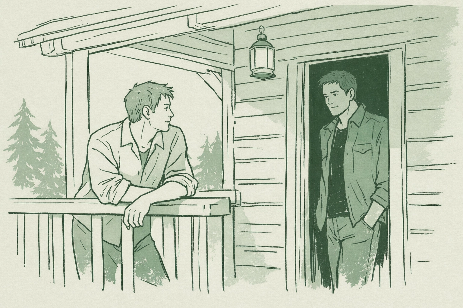 Two men sharing a quiet, forbidden moment on a porch in an MM romance about sacred bonds.