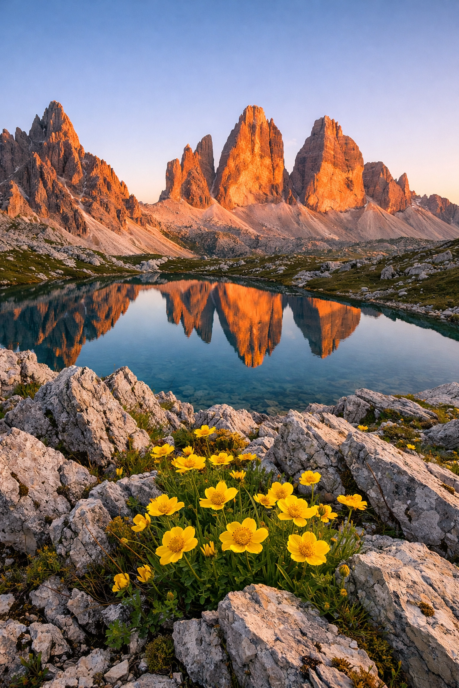 Sunrise at Italian Dolomites featuring wildflowers and mountain layers for professional travel photography composition.