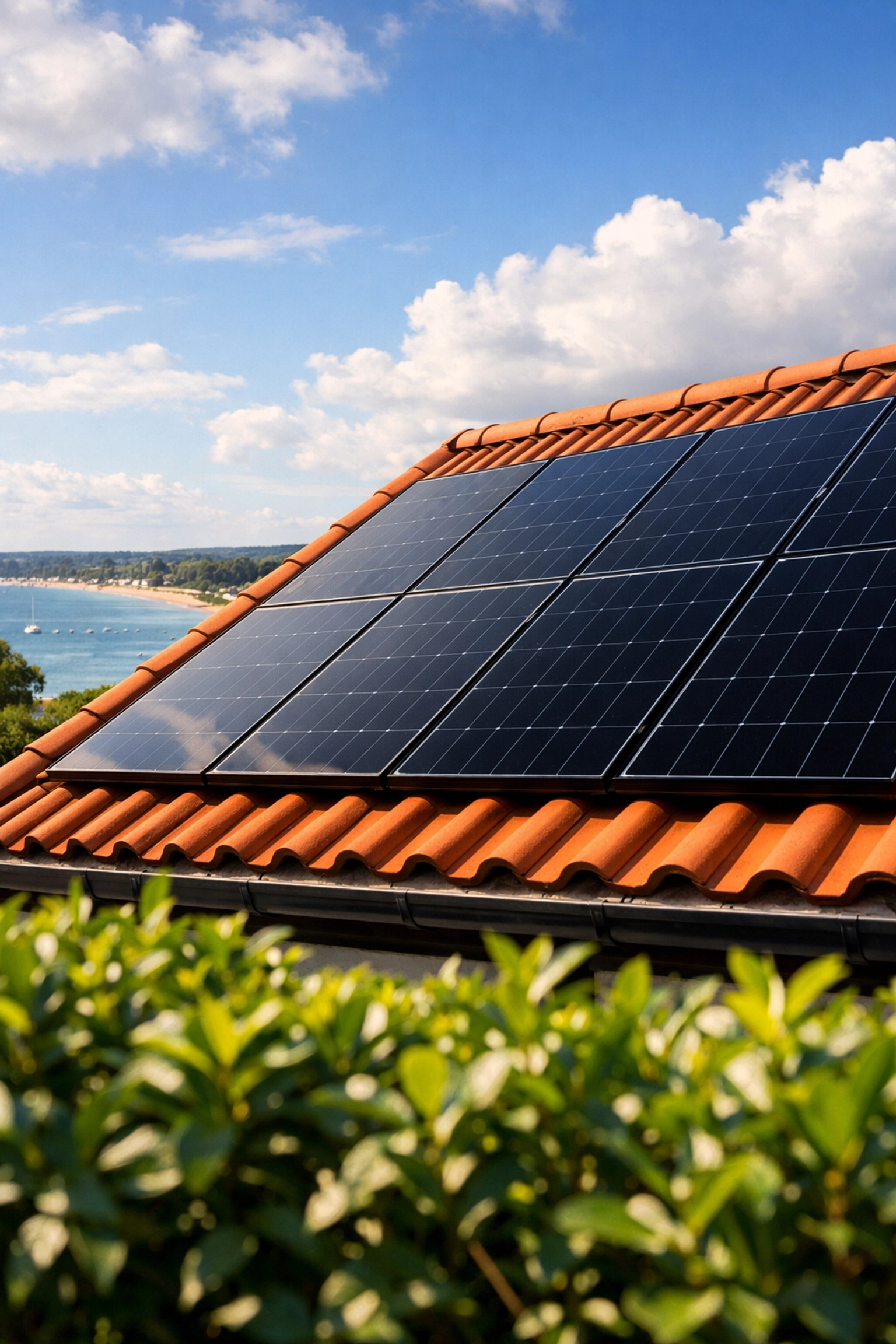 Solar panels installed on a Poole home roof with sunny South Coast harbour in the background