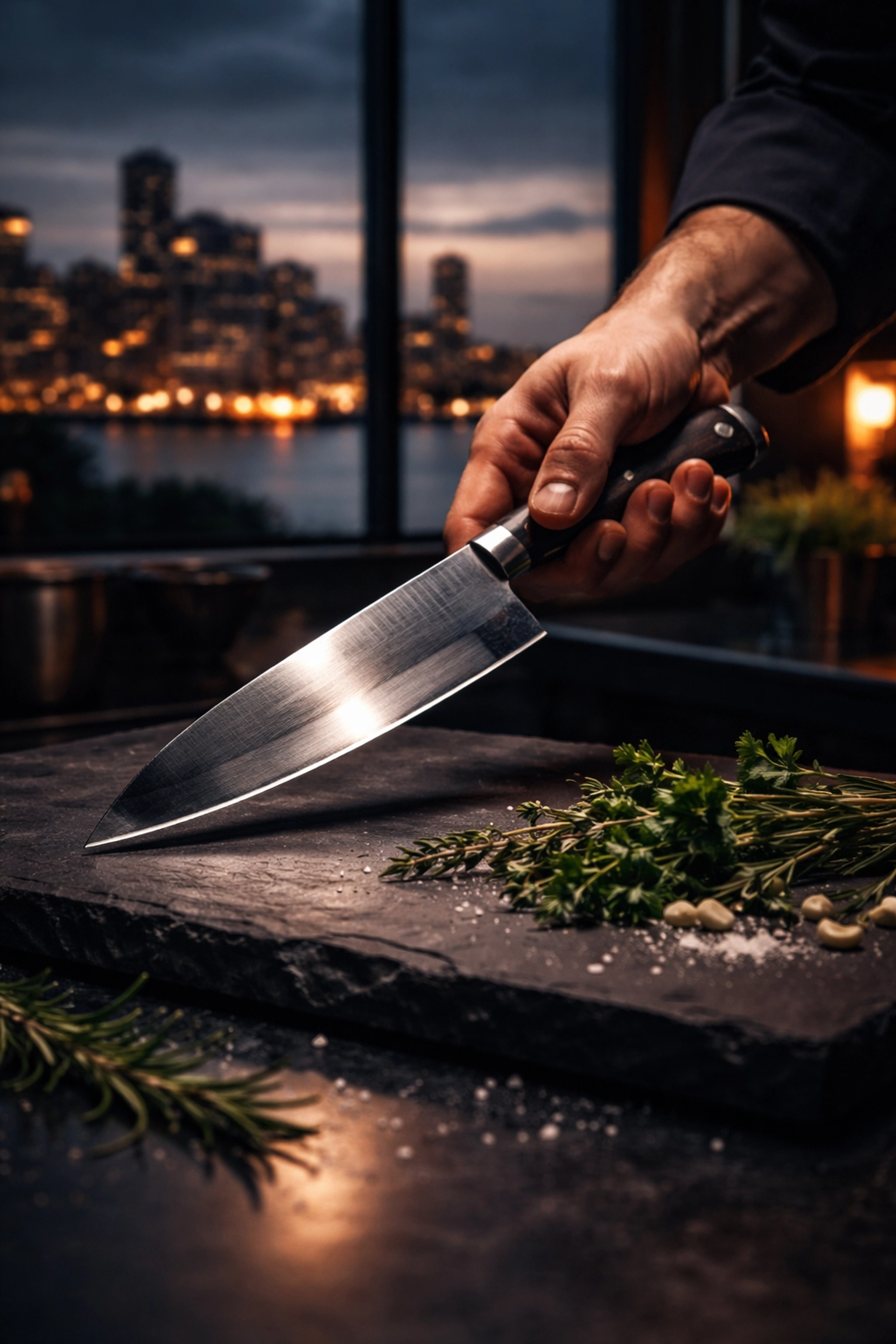 A chef holds a professionally sharpened Japanese gyuto knife in a South Brisbane commercial kitchen at dusk.