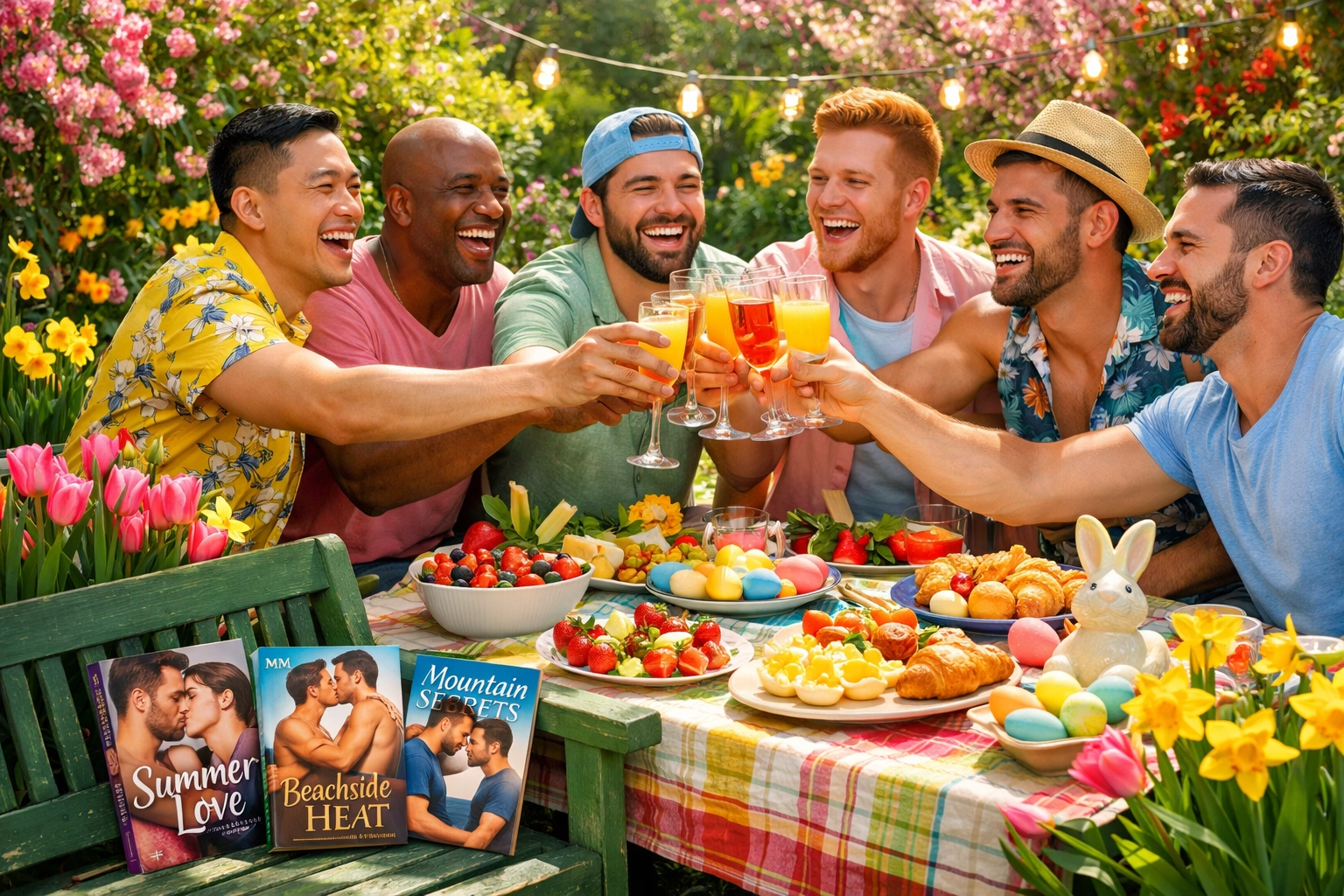 A group of gay friends enjoying a spring brunch with MM romance books, celebrating chosen family and rebirth.