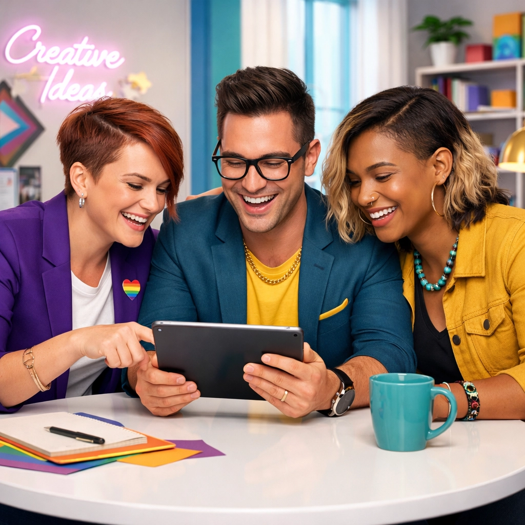 Diverse LGBTQ+ professionals collaborating in an office, representing networking and queer professional development.