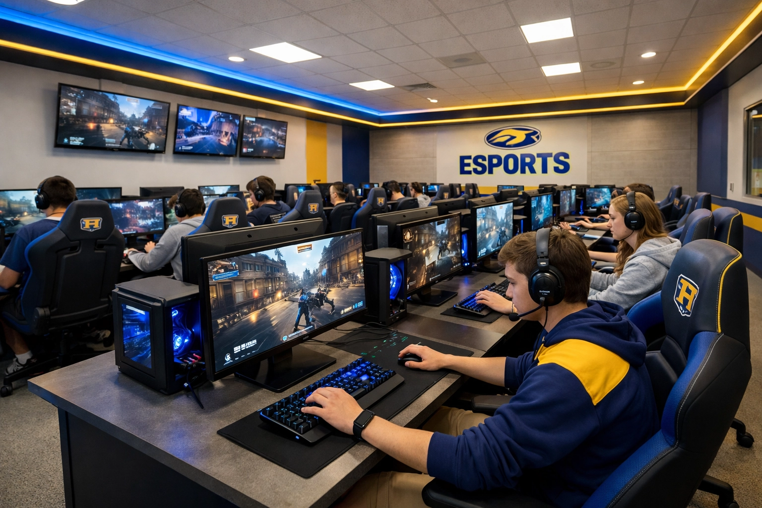 High school esports facility with gaming stations and students in competitive gaming environment