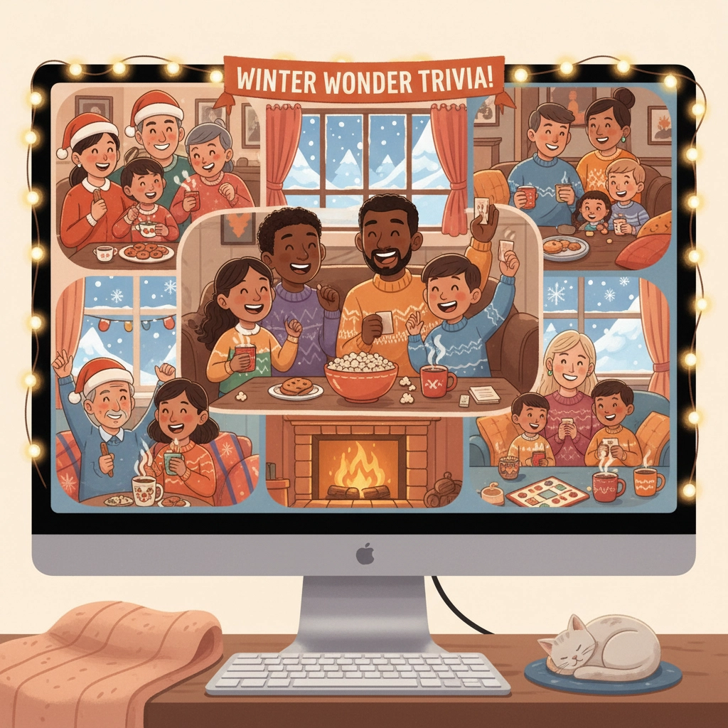 Illustration of diverse families enjoying "Winter Wonder Trivia" on a computer screen. Cozy setting with a fireplace and festive mood.