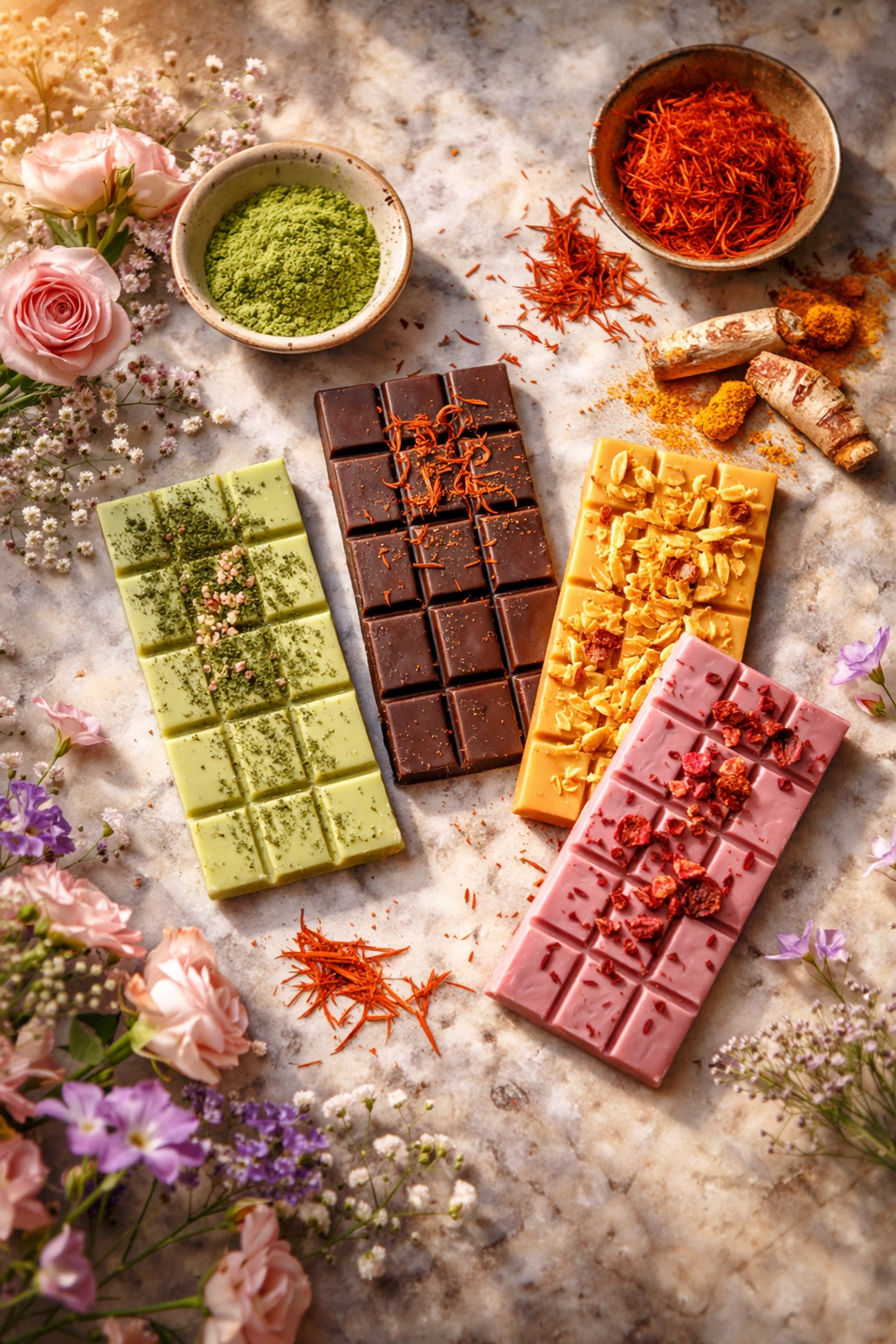 Overhead view of artisan chocolate bars with matcha, saffron, edible flowers, and turmeric, illustrating exotic flavor infusions and innovation in craft chocolate.