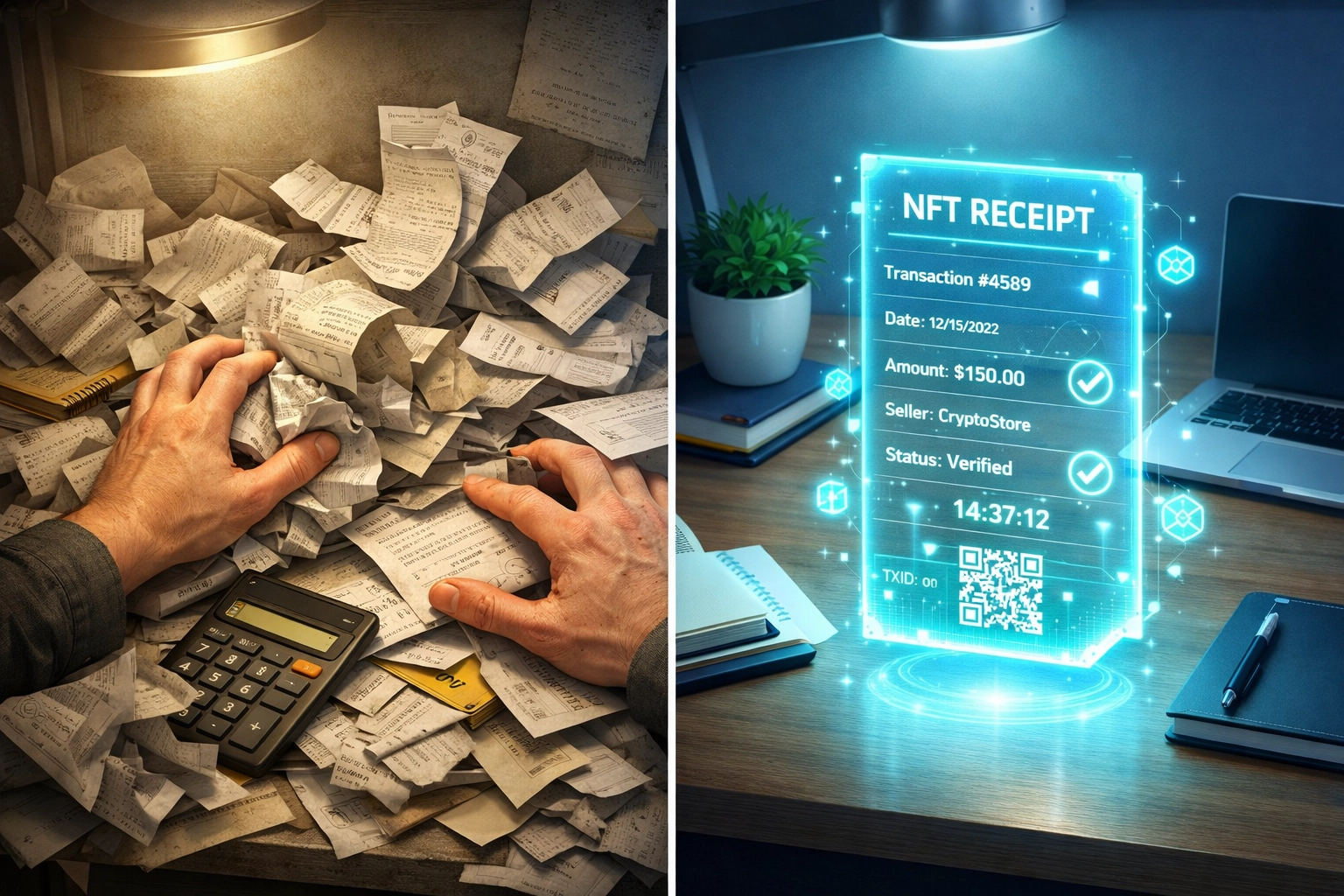 NFT receipt transformation from chaotic paper receipts to organized digital blockchain verification