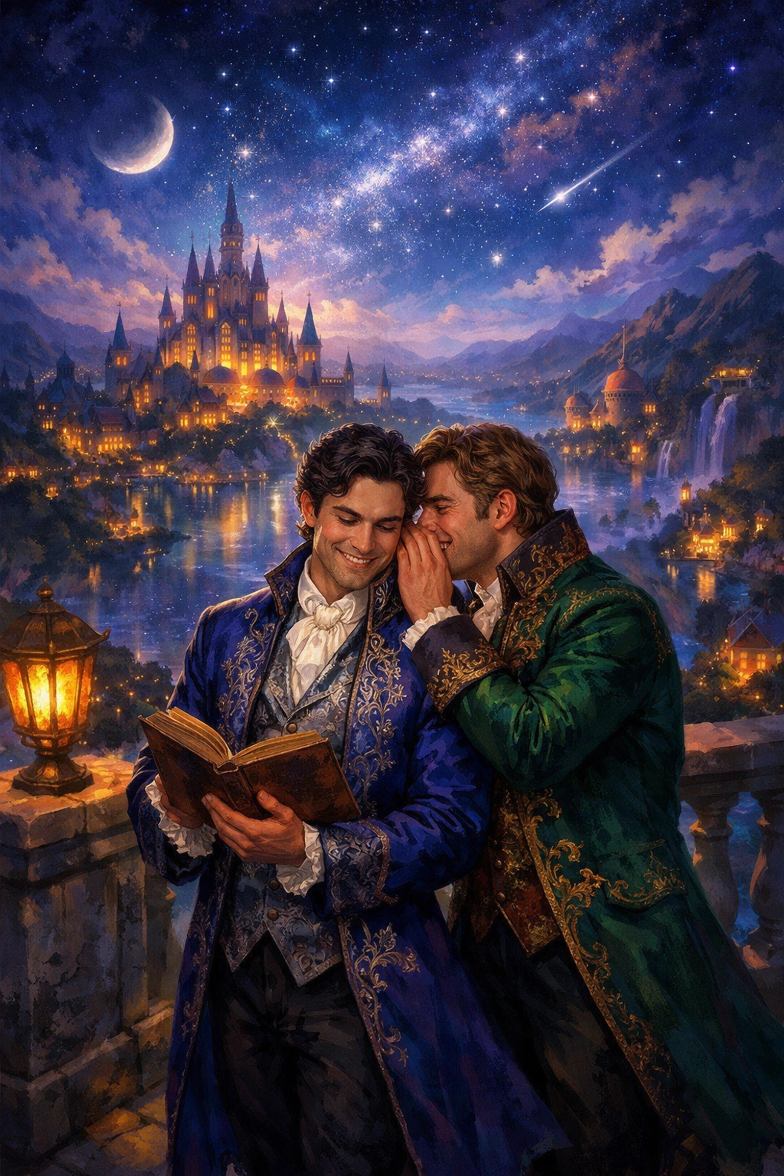 Gay historical romance characters in a magical fantasy setting sharing a story from an old book.