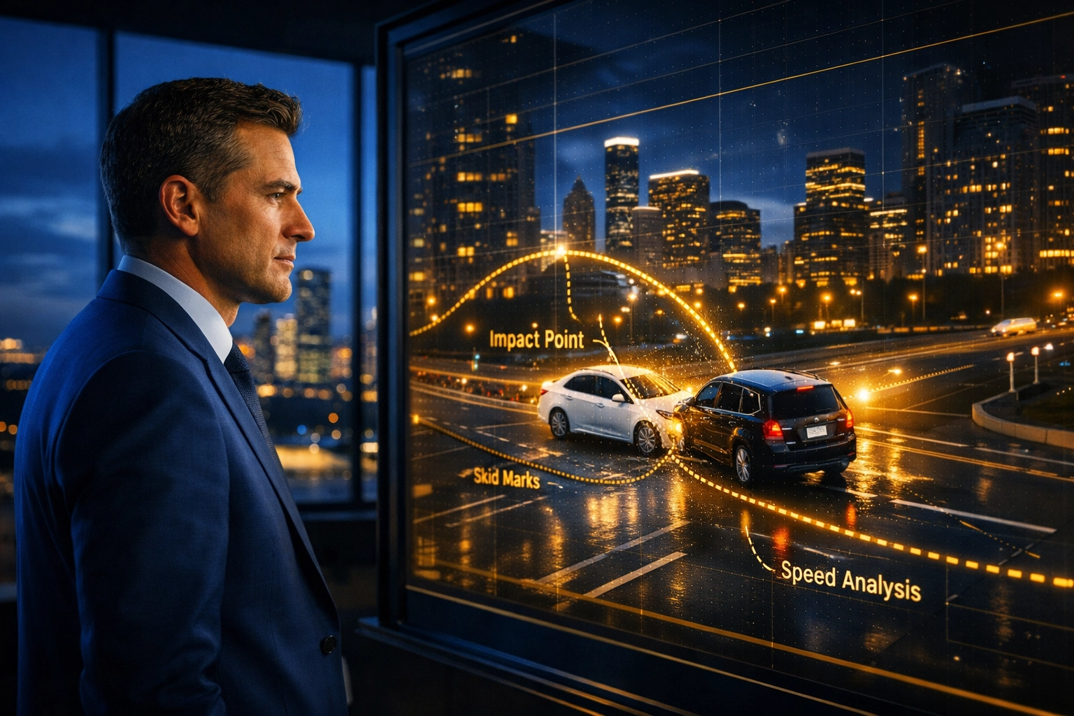 Houston legal professional analyzing a forensic car accident reconstruction to determine fault percentages.
