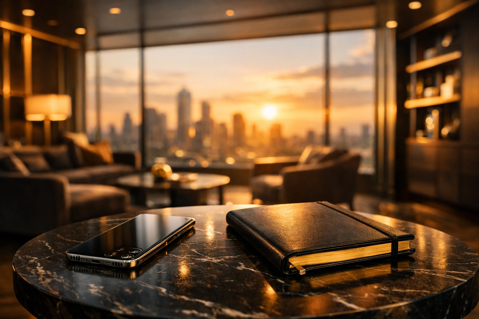 Modern office lounge with a planner and smartphone overlooking a city skyline, symbolizing business expansion.