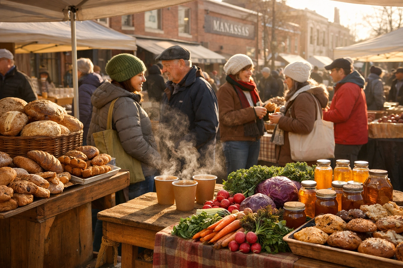 Shoppers browsing fresh produce and artisan goods at Manassas Winter Farmers Market in Prince William County