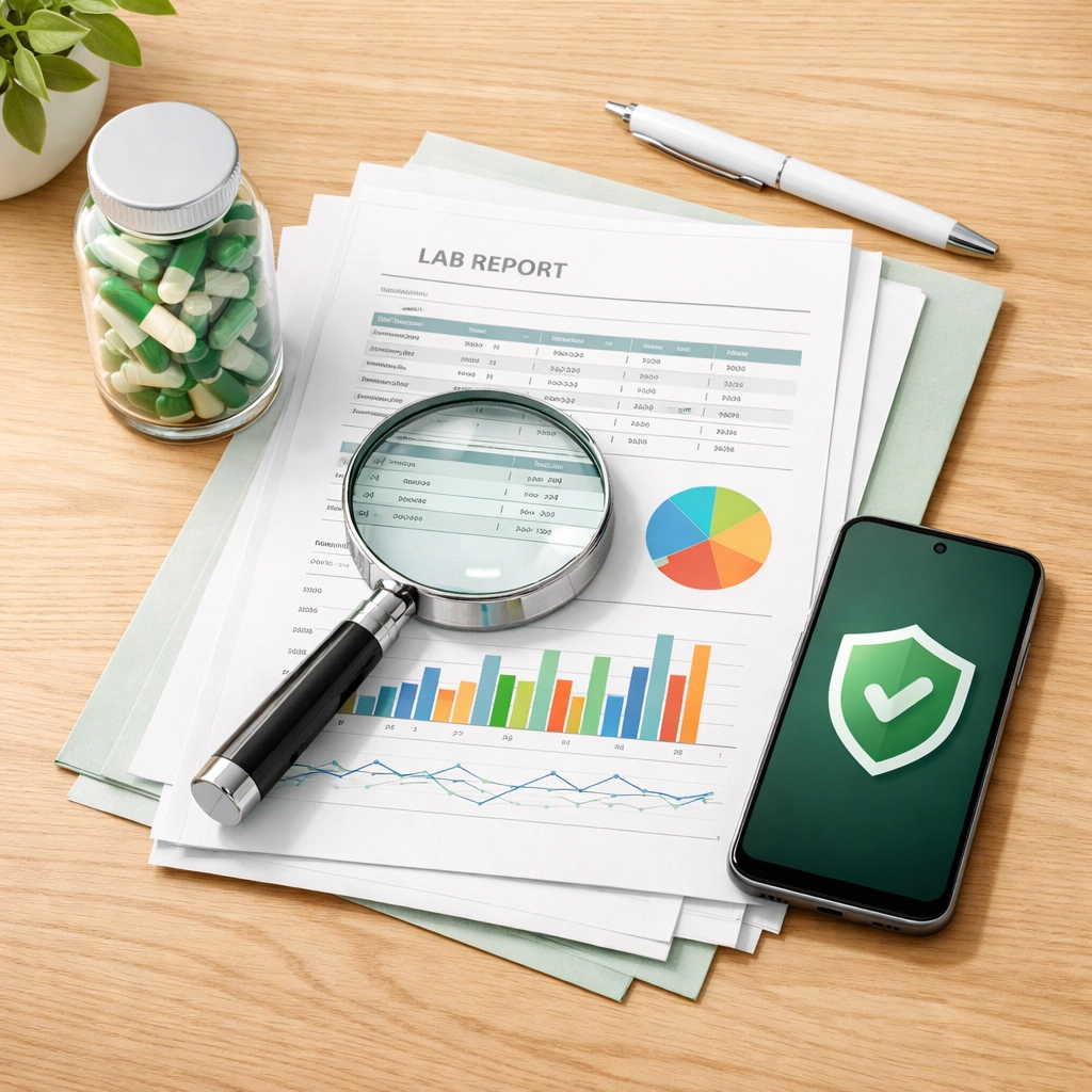 Magnifying glass over scientific lab reports and a verified supplement bottle for third-party brand vetting.