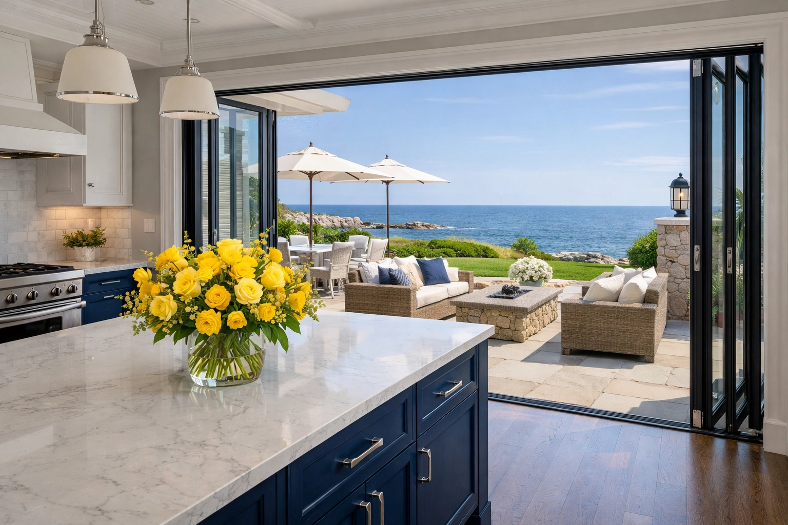 Spotless modern kitchen and patio in a Cohasset home ready for guests thanks to bi-weekly cleaning.