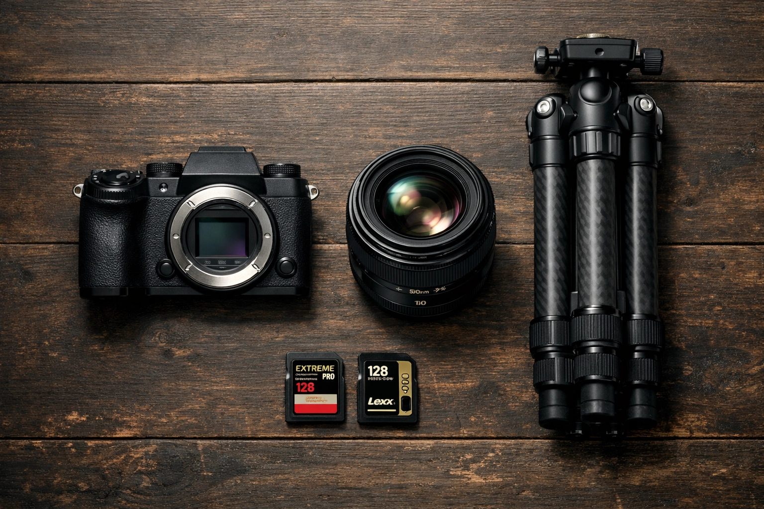 Essential camera gear and accessories recommended in beginner photography tutorials.