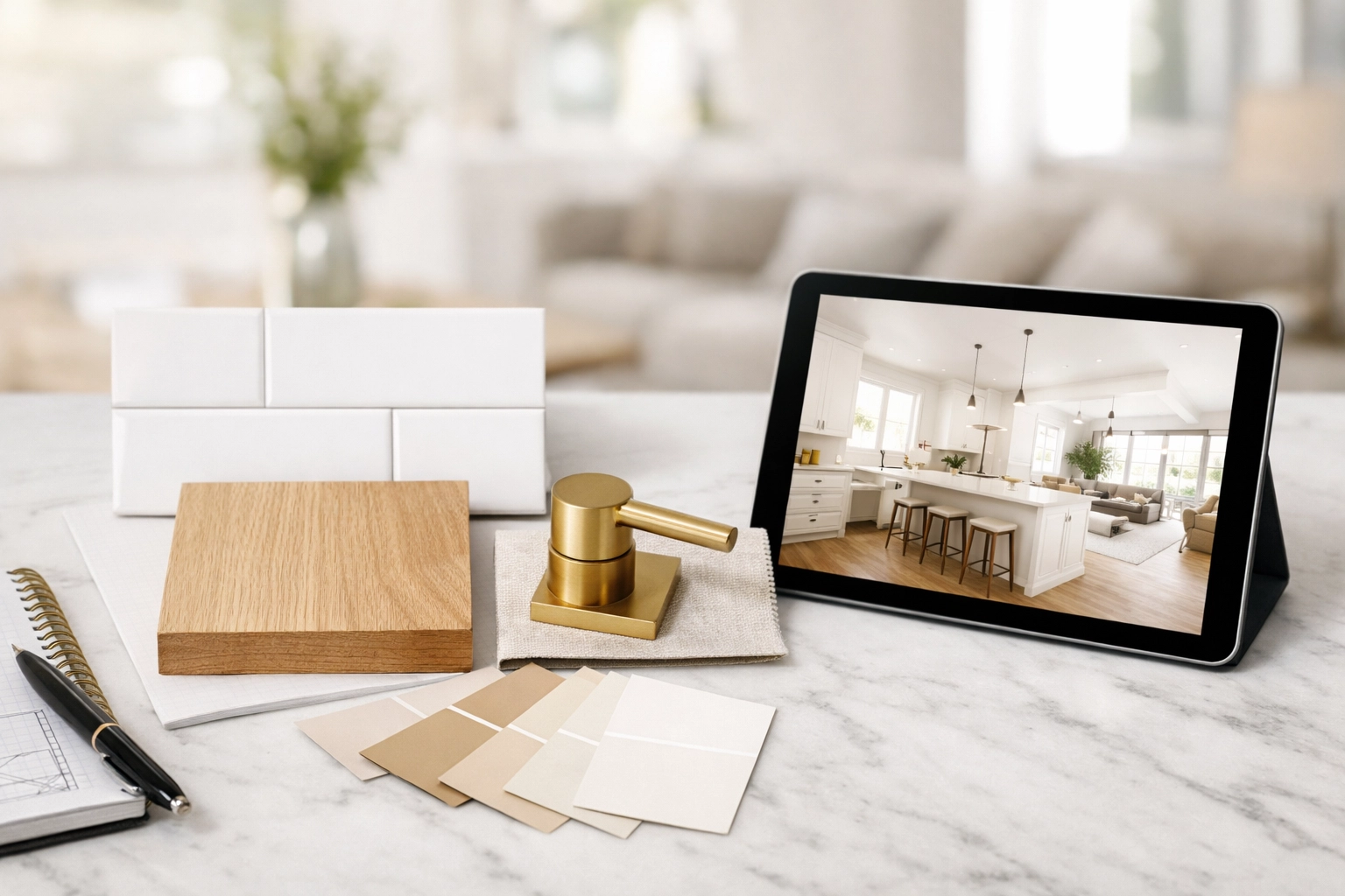 Orlando home renovation planning board with high-quality tile, wood flooring, and paint samples.