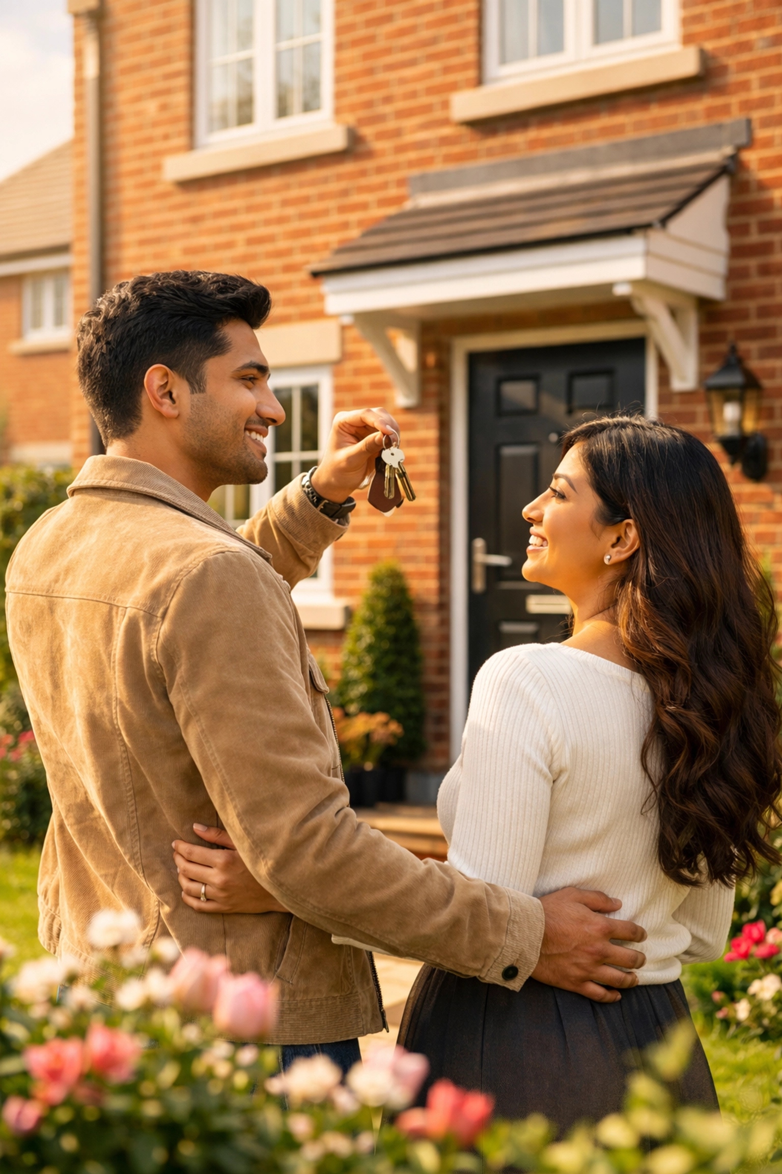 A happy couple holding keys to their new suburban home in Oldham, marking a fresh start for 2026.