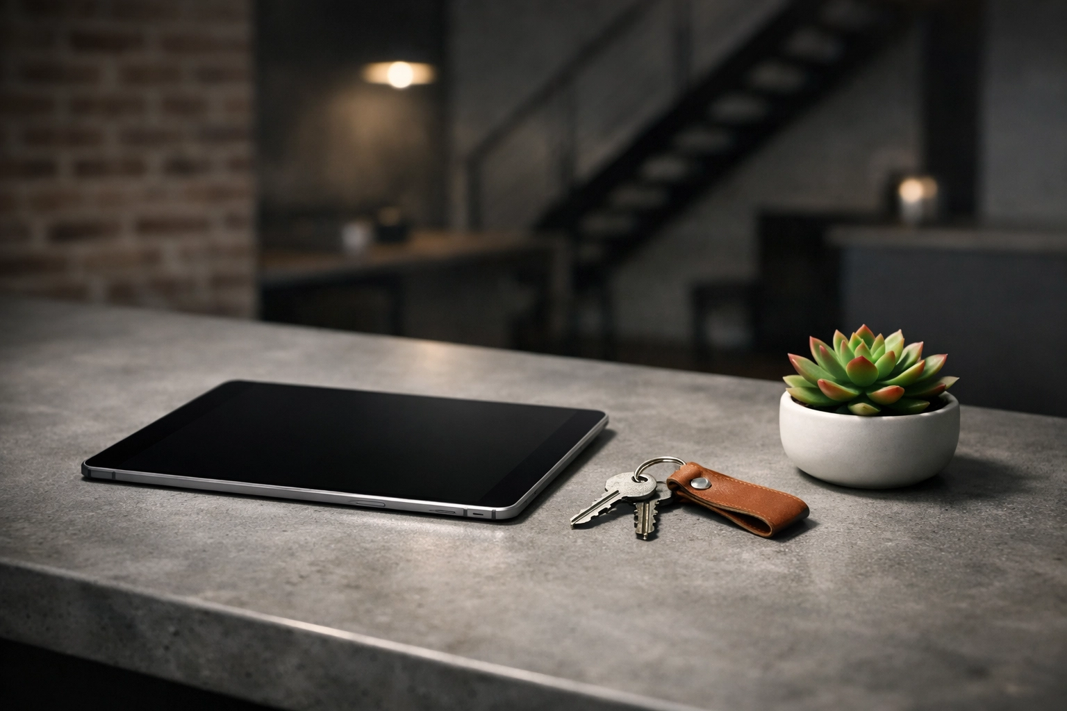 Sleek tablet and house keys in an industrial loft illustrating tech-enabled property management systems.