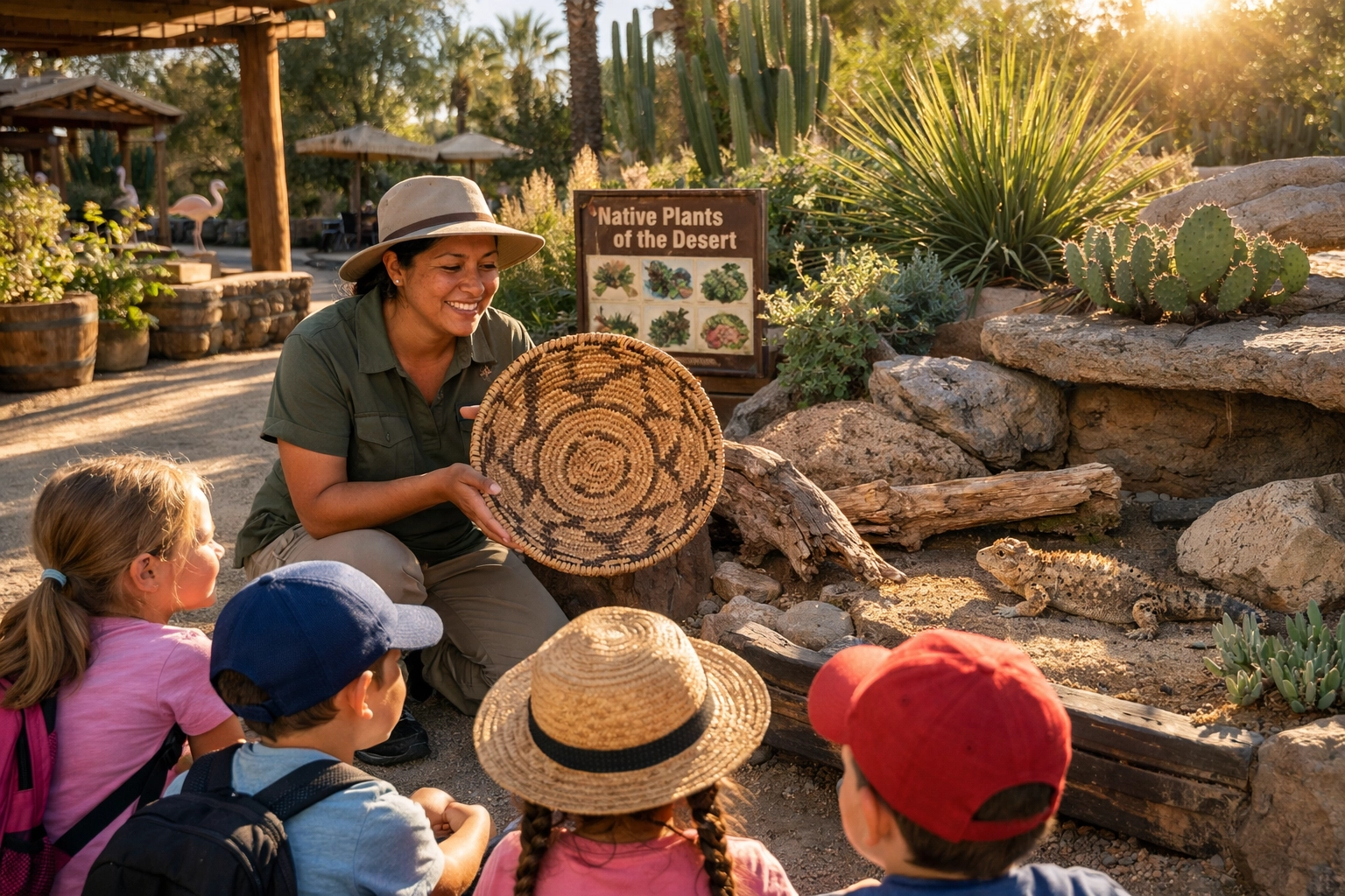 An educator teaching children about native plants and reptiles in a naturalistic zoo education space.