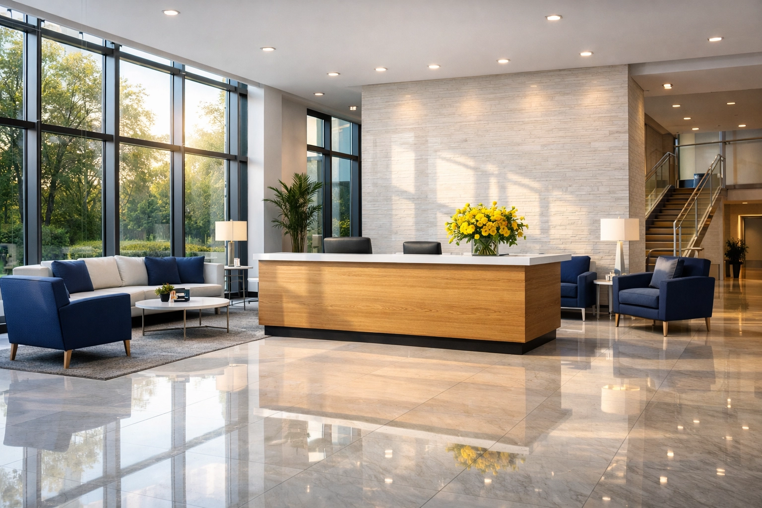 Spotless corporate lobby in Lincoln showing how commercial cleaning in Lincoln creates a professional first impression.