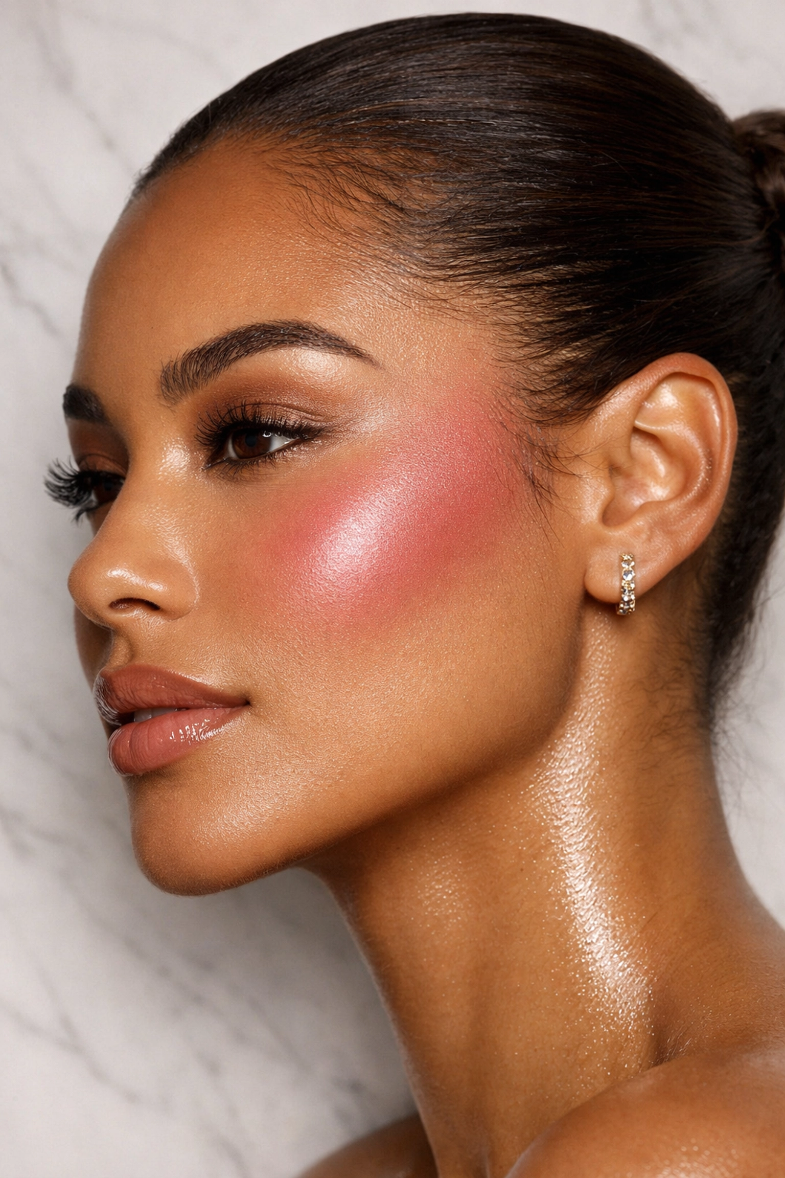 Model demonstrating the blush high-point sweep technique for an instant cheekbone lift.