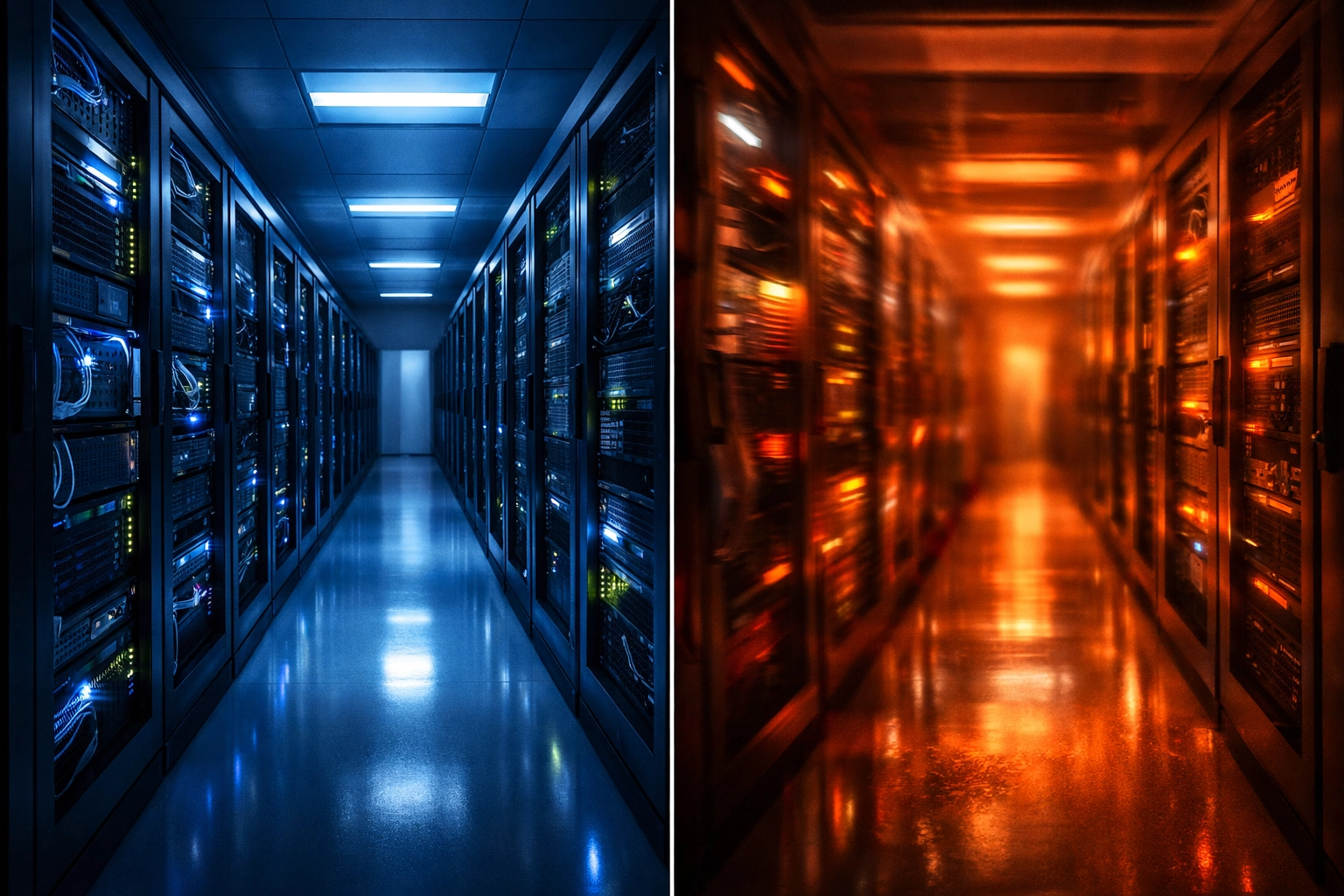 Data center comparison showing effects of clean power versus dirty power on server equipment