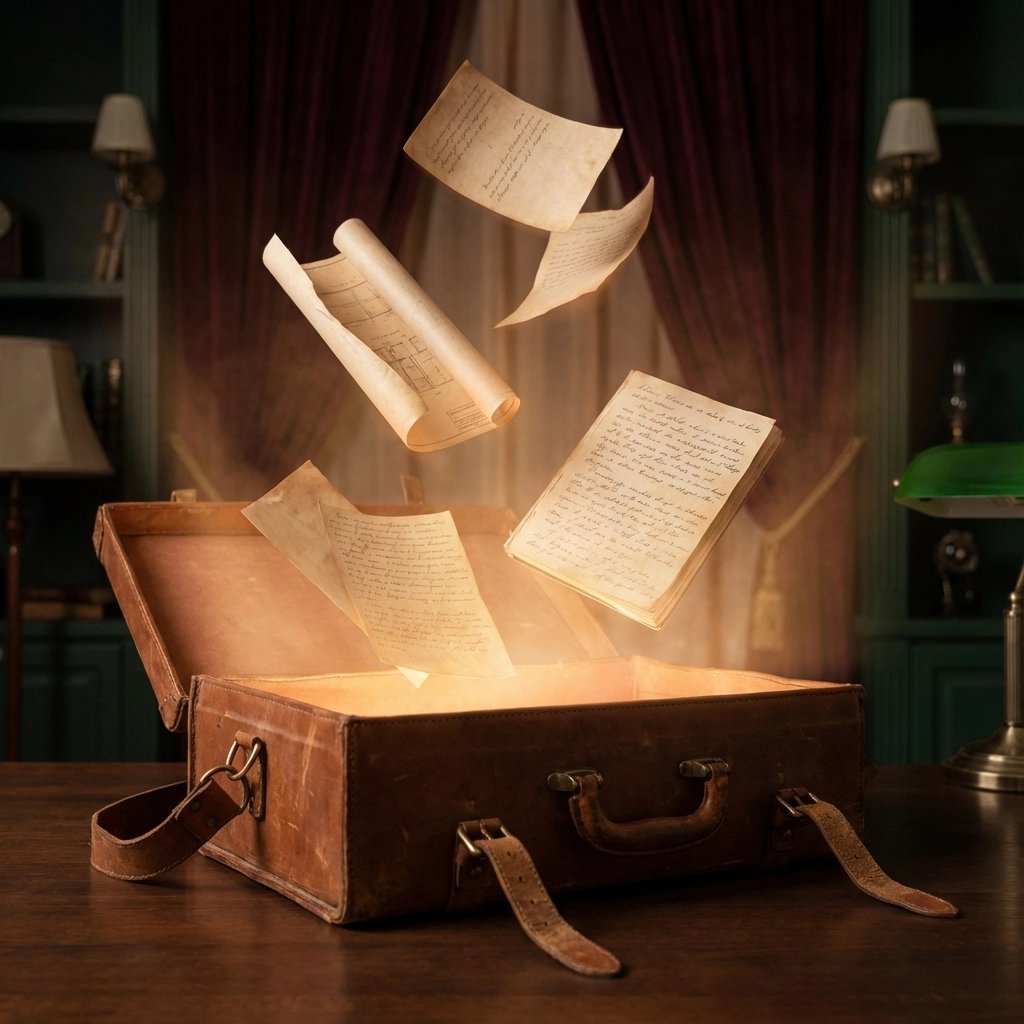 Floating manuscript pages rising from an open suitcase, illustrating the mistake of holding back valuable content in a business book.