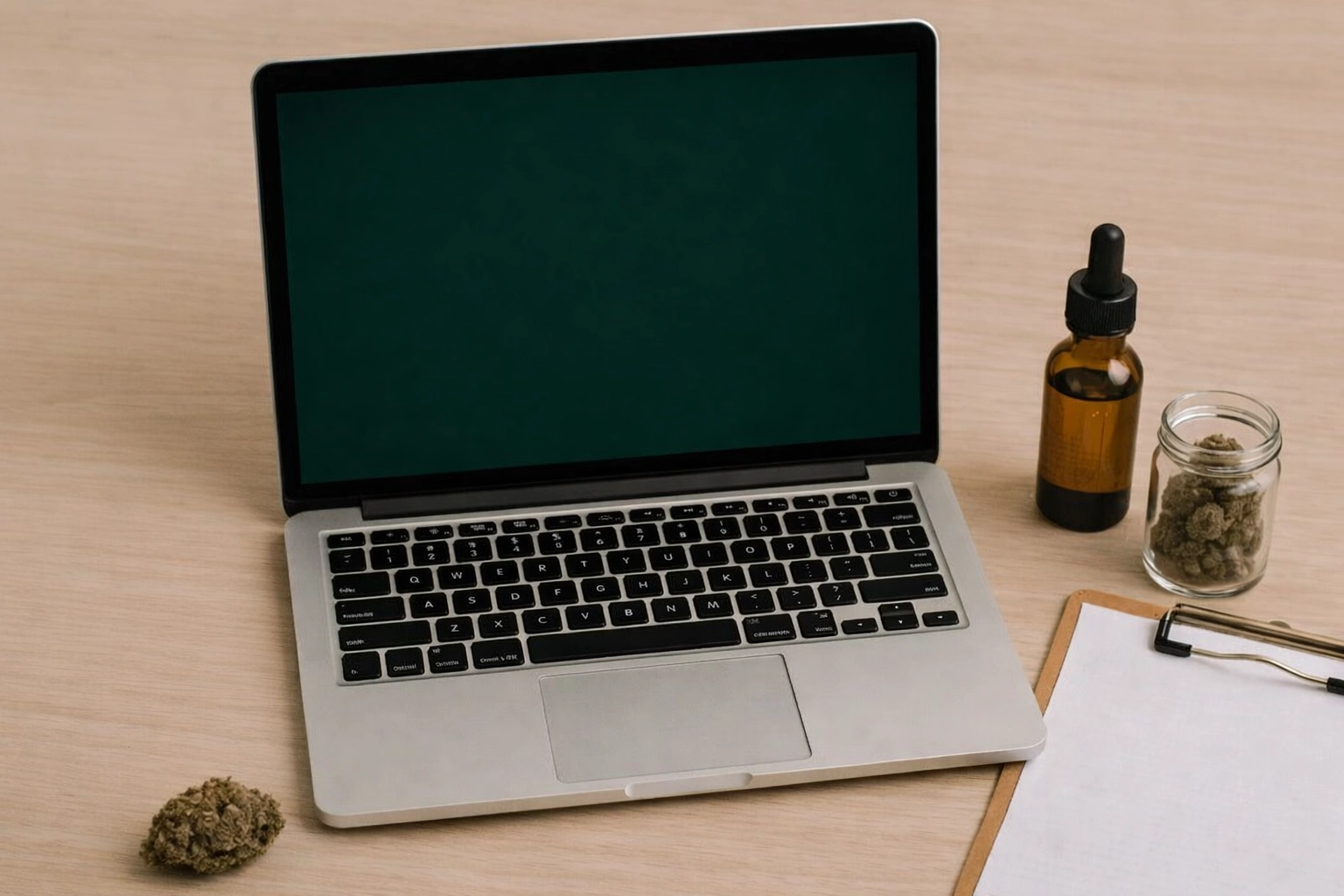 Laptop displaying cannabis marketing data surrounded by industry products