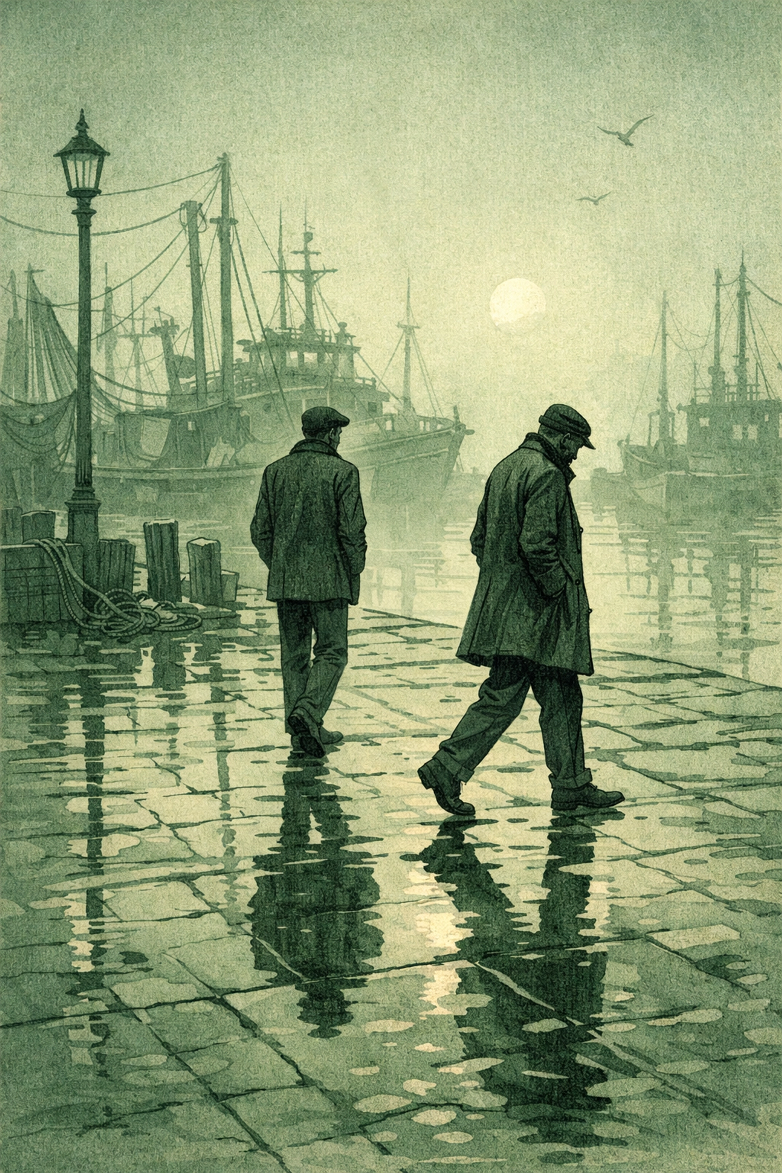 Male couple walking misty harbor at dawn - melancholic MM love story illustration