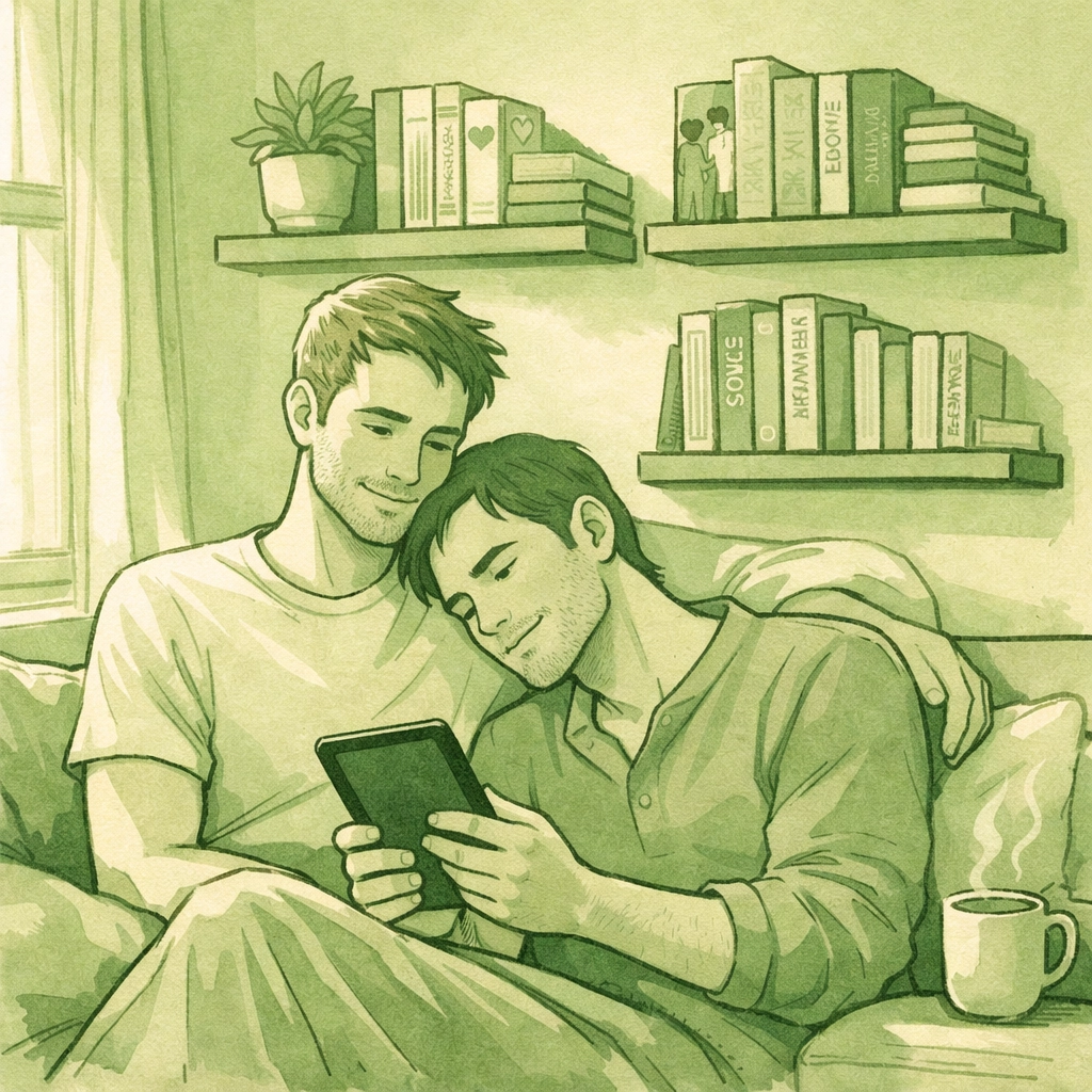 Gay couple reading MM romance together surrounded by curated LGBTQ+ literature collection