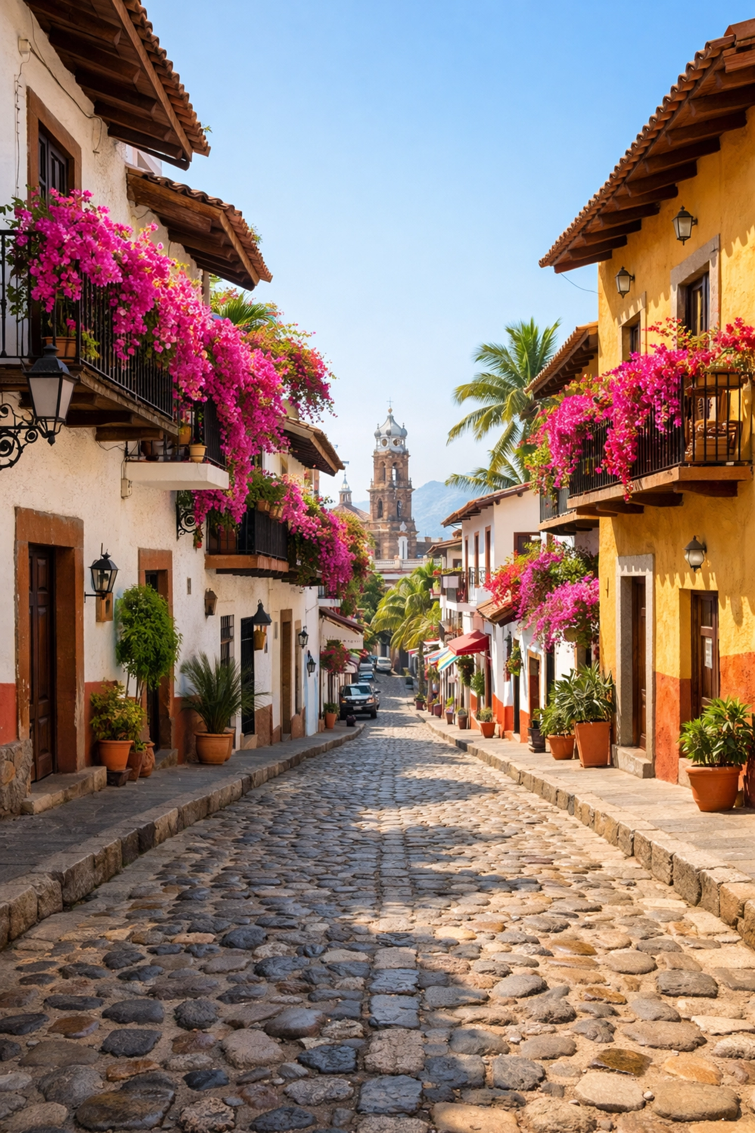 Scenic cobblestone street in Puerto Vallarta Old Town, a 10-minute walk from Amapas to Los Muertos Beach.