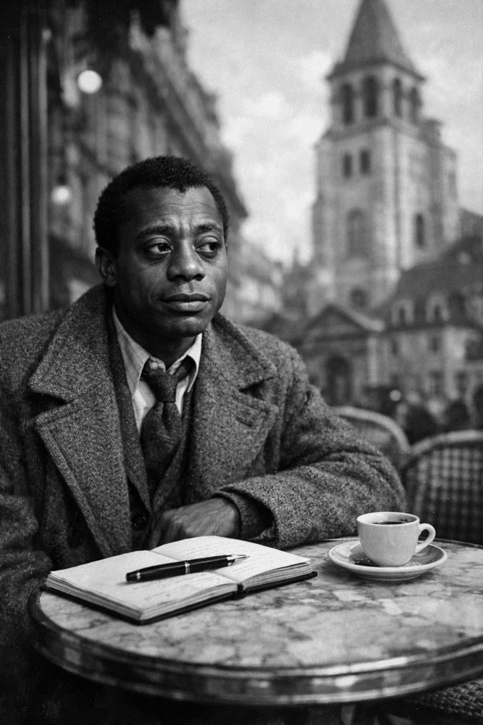 Vintage photo of a Black man writing in a Paris cafe, symbolizing James Baldwin's bisexual awakening.