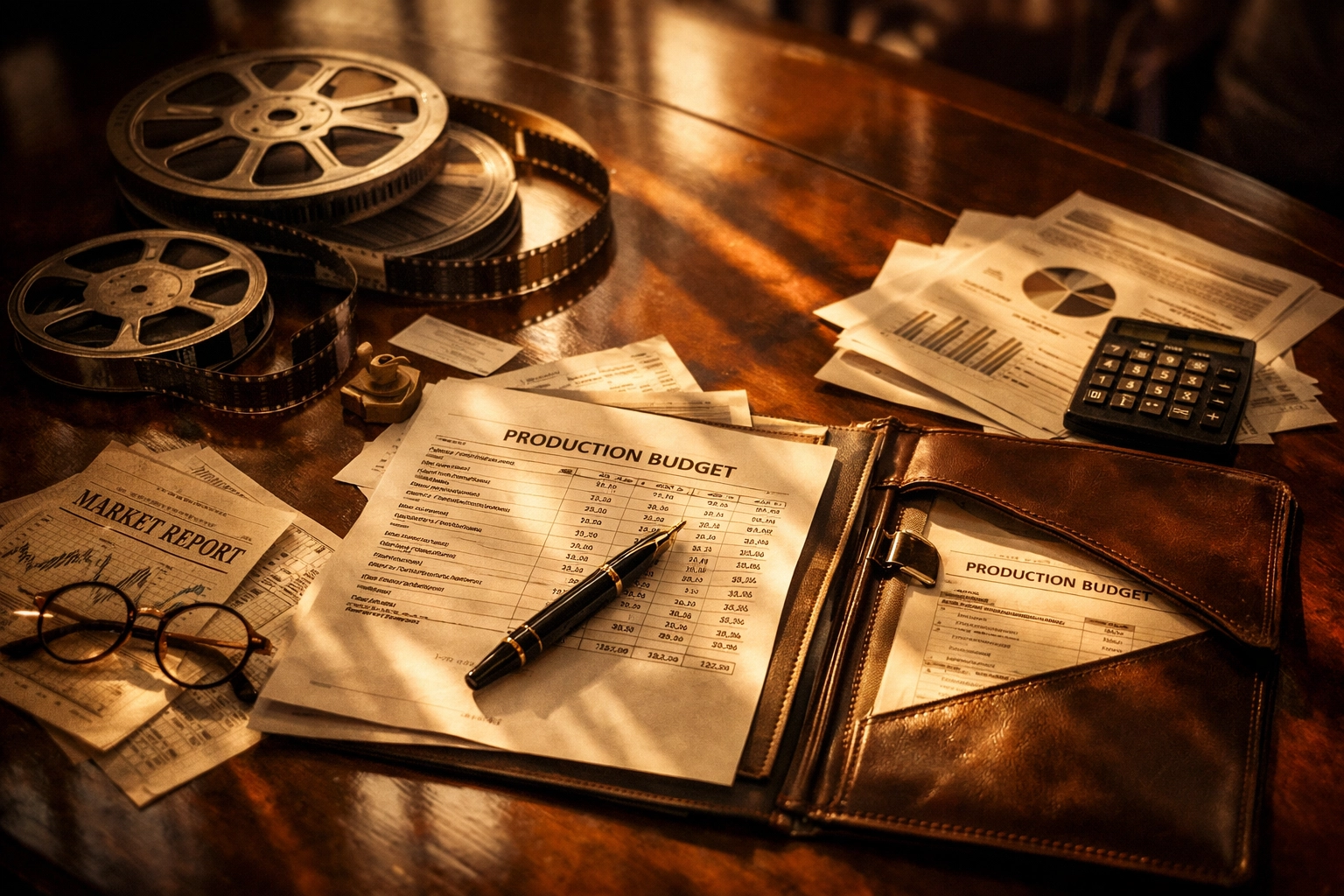 Film investment planning with financial documents and film reels on boardroom table