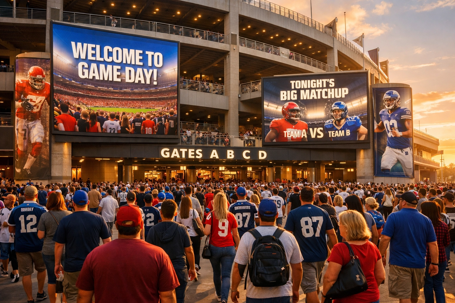 Crowd entering a stadium at sunset featuring digital display panels and sports banners for Super Bowl LX.