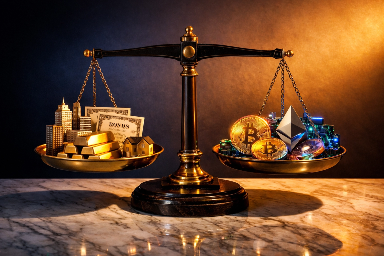 Balanced portfolio showing traditional assets and Bitcoin in risk management strategy