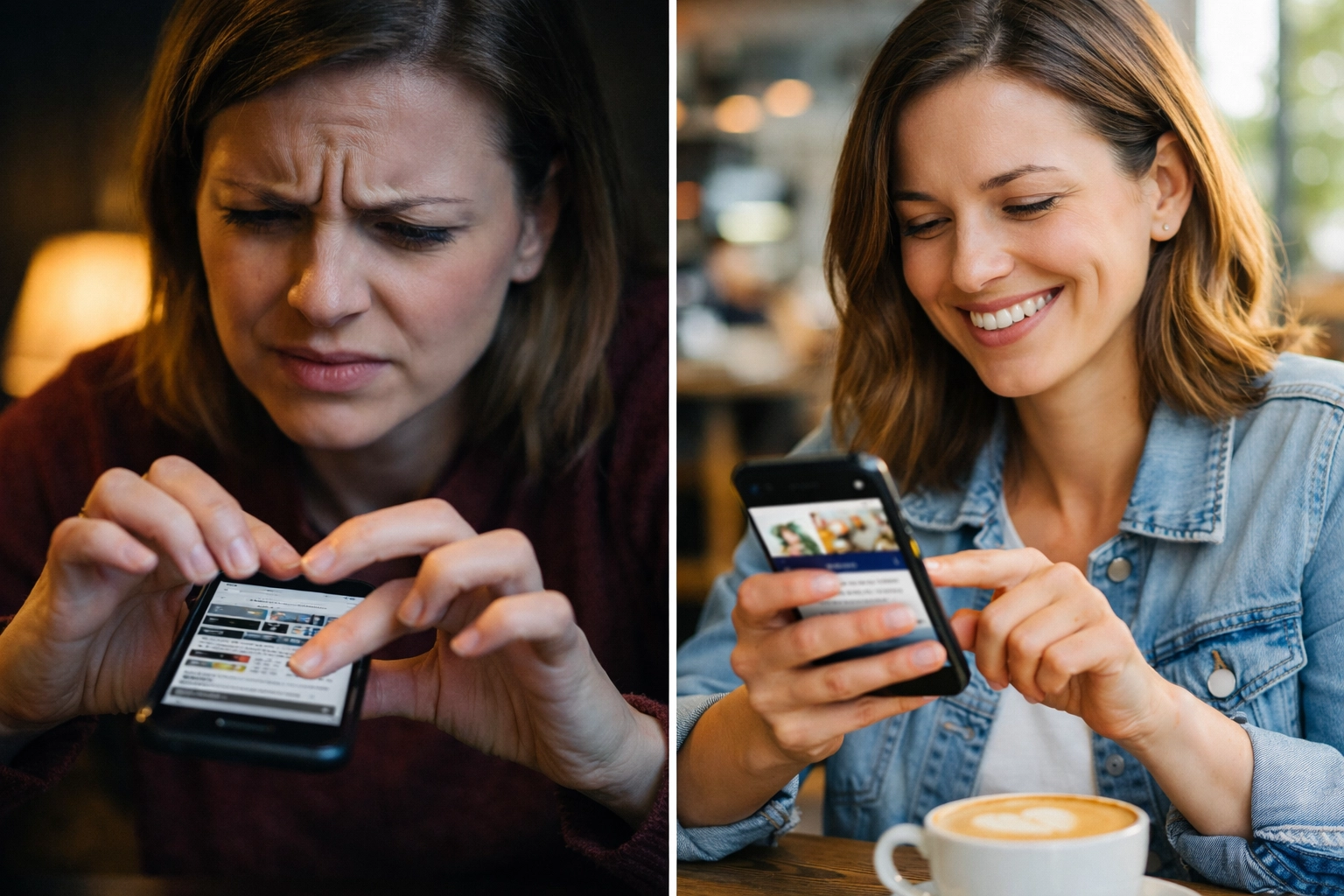 Mobile website comparison showing poor vs good responsive design experience