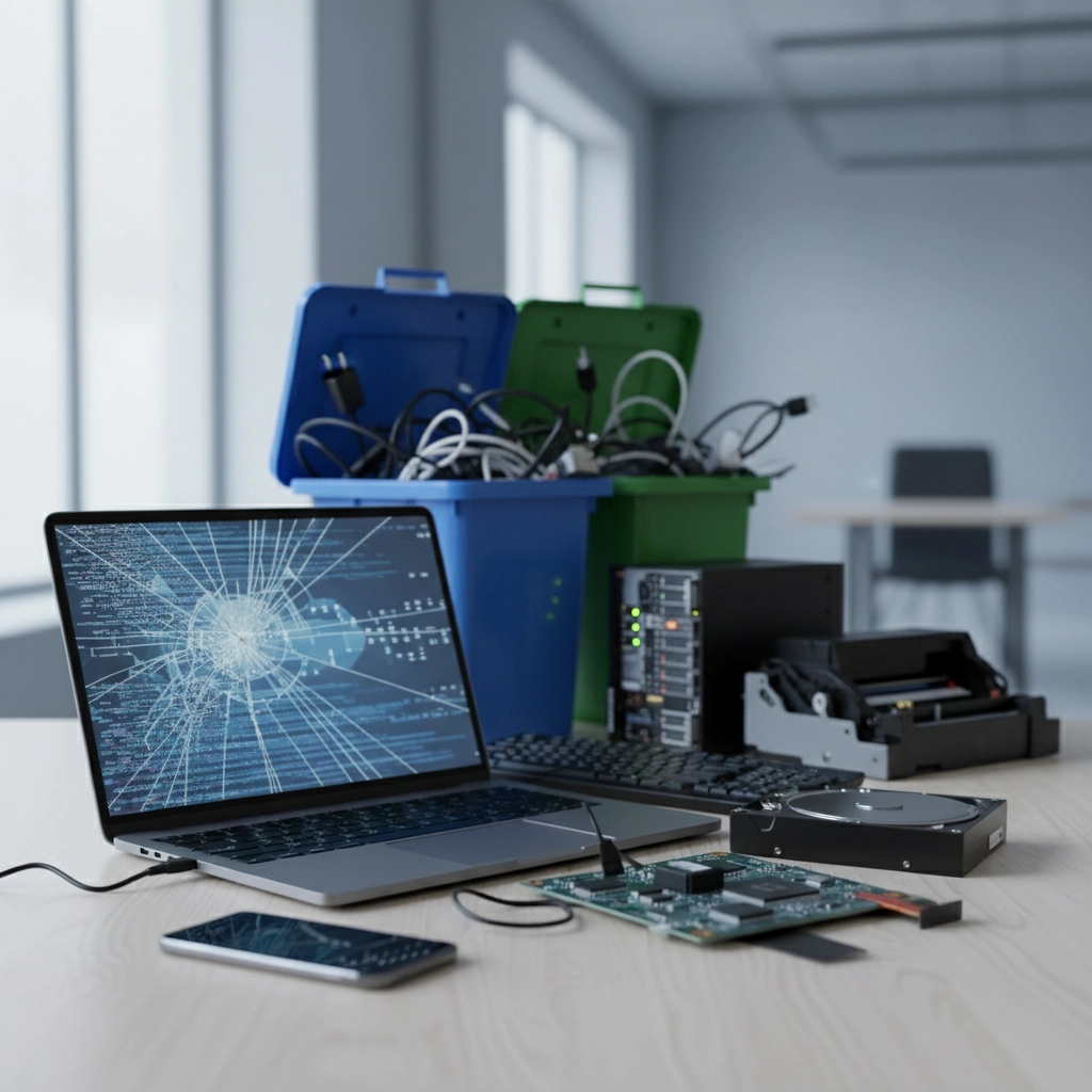 a table with a laptop, mobile device, circuit board, and various IT devices