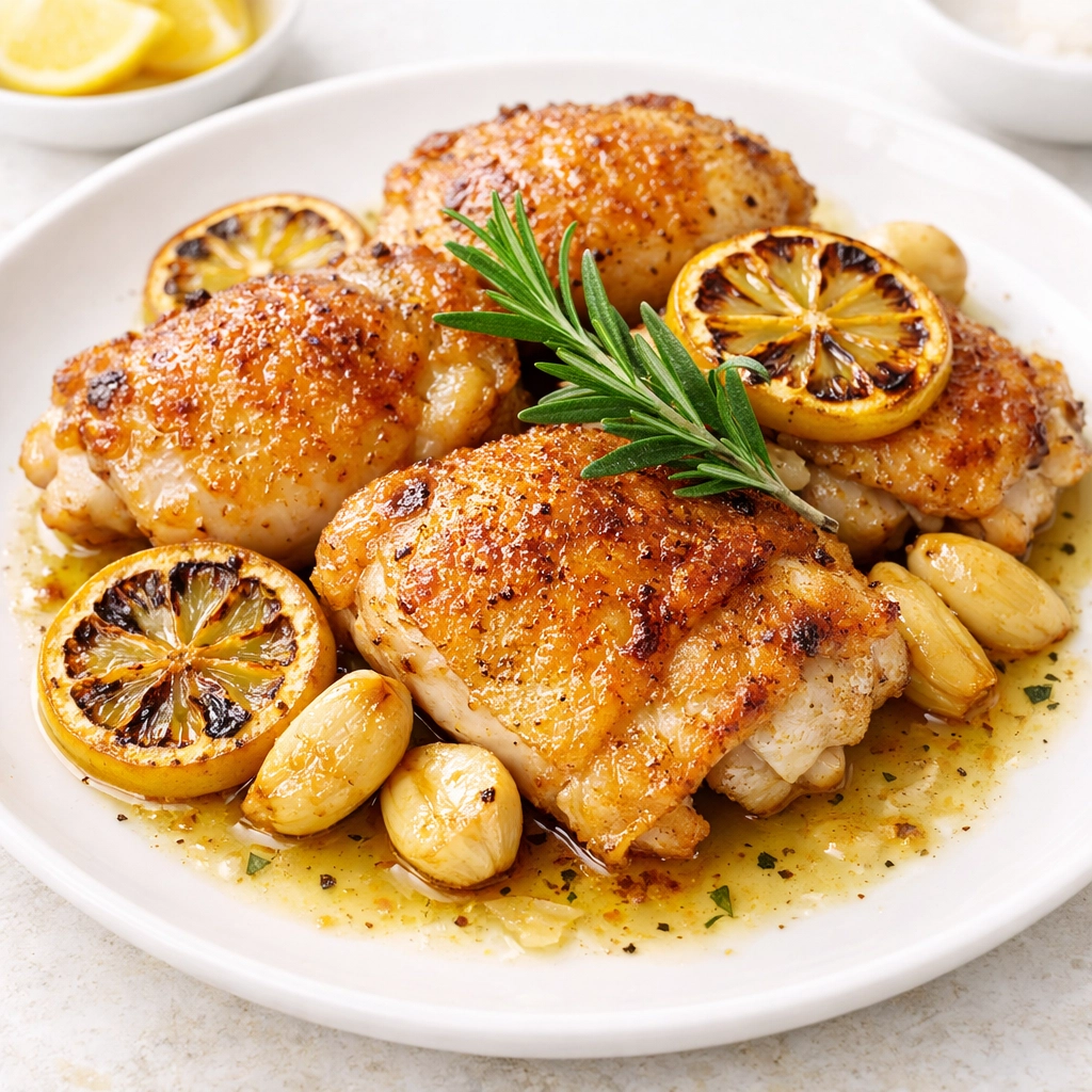 20 Dump-and-Go Crockpot Dinners Crispy 5-ingredient lemon garlic chicken thighs garnished with fresh lemon and rosemary.