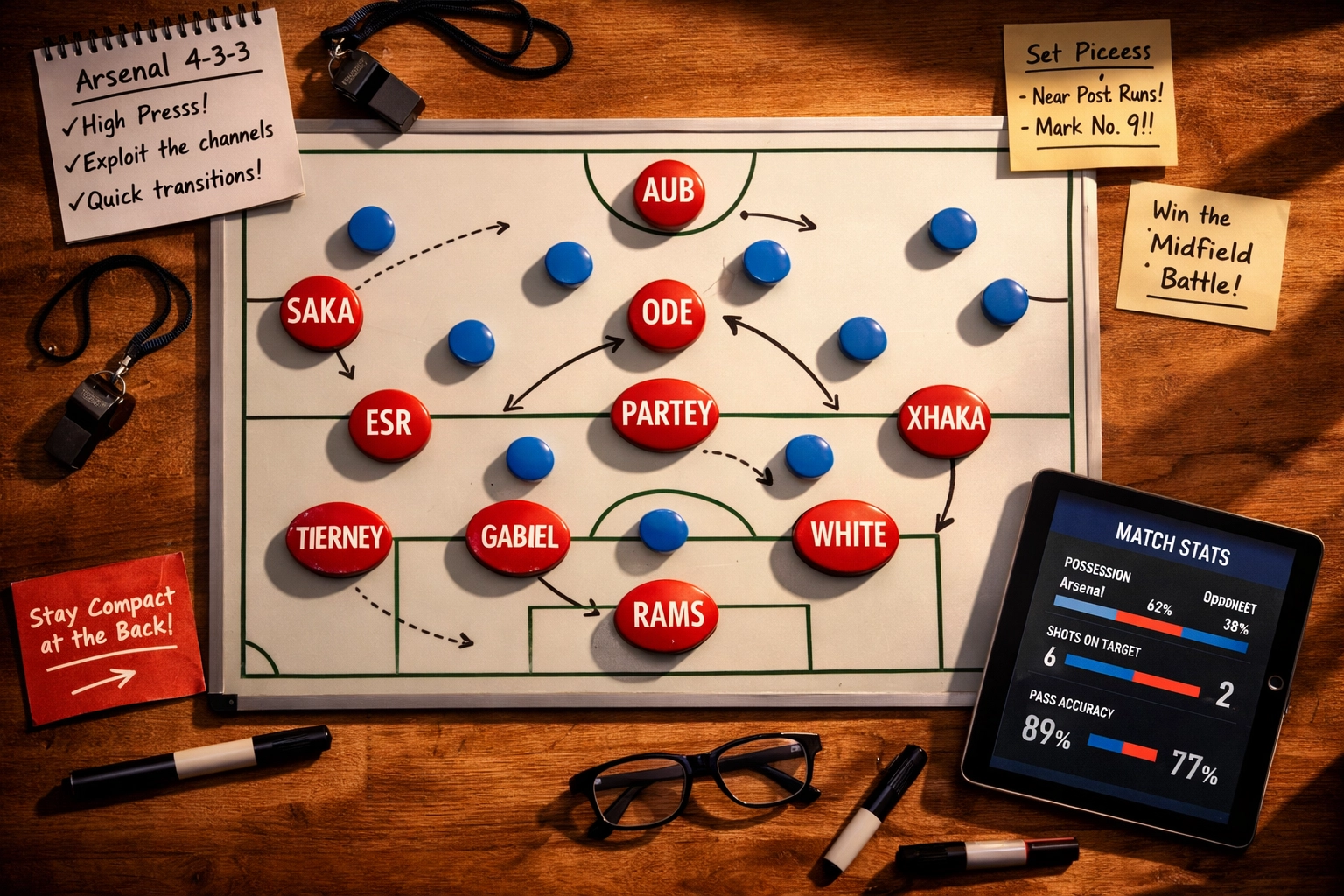 Arsenal tactical board showing 4-3-3 formation setup for EFL Cup match against Brighton