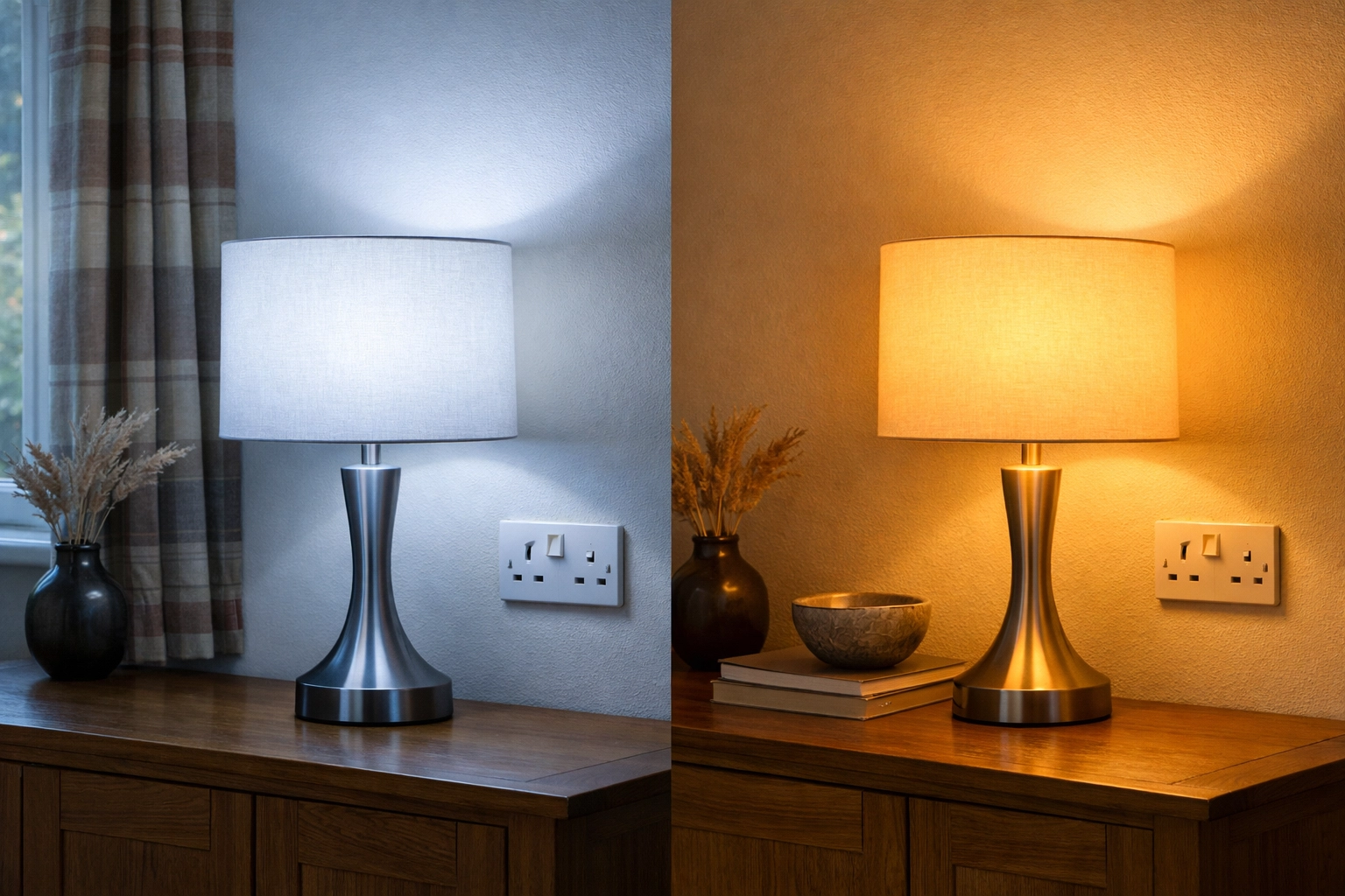 Comparison of warm white vs cool white LED bulbs in UK living room lamps