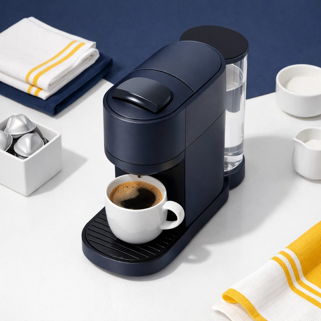 Modern single-serve pod coffee maker in a clean kitchen needing regular descaling and care.