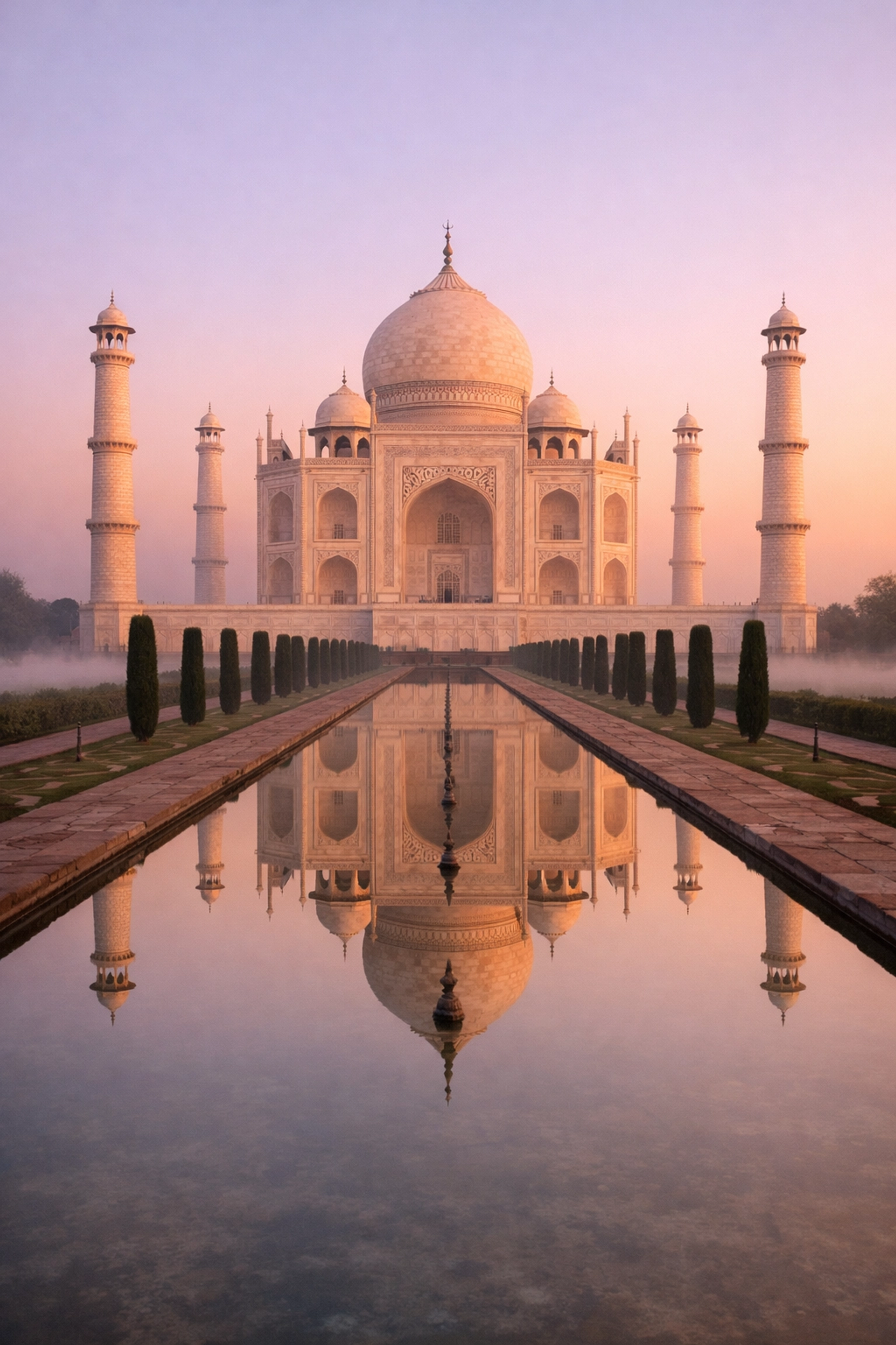 The Taj Mahal at sunrise reflecting in the water, an iconic destination for professional photography in 2026.