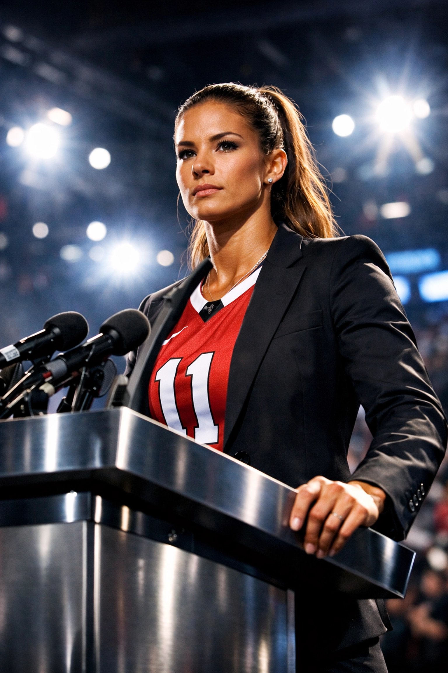 Professional female athlete at a press conference podium demonstrating personal brand leadership and NIL branding success.