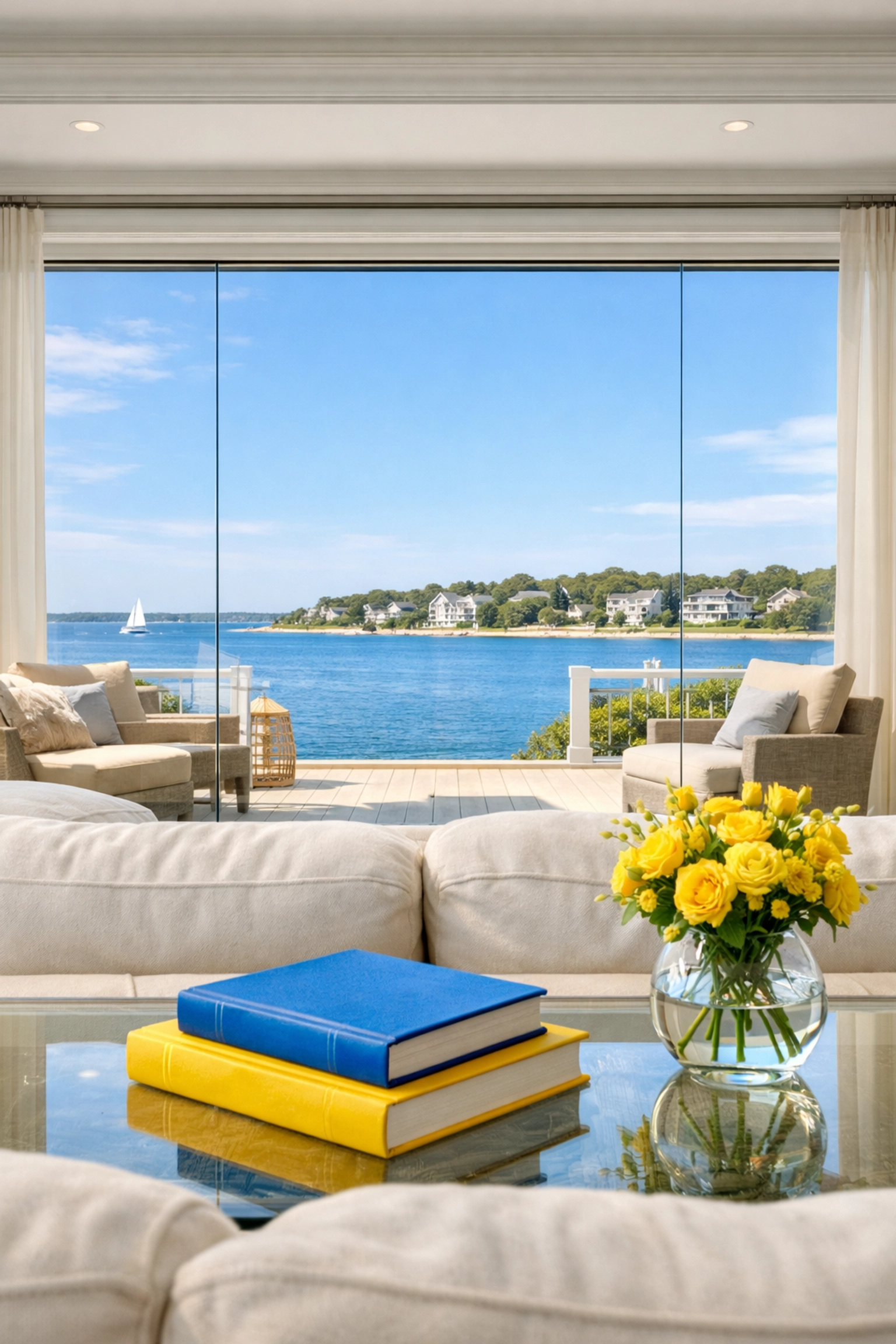 Spotless living room with ocean views maintained by a professional weekly house cleaning service.